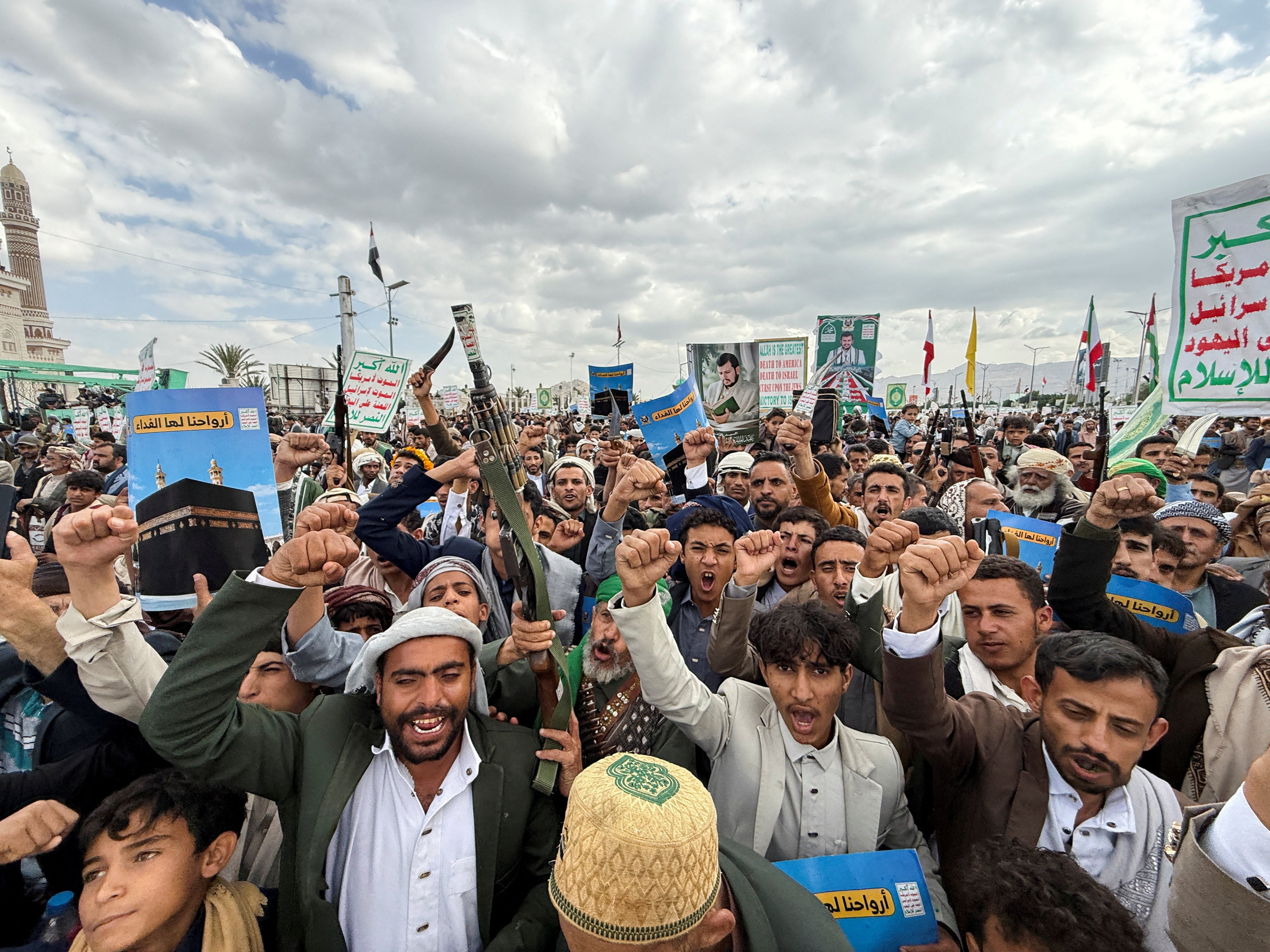 Houthi supporters rally to celebrate advances by Houthi forces along the Red Sea coastline, in Sanaa, Yemen