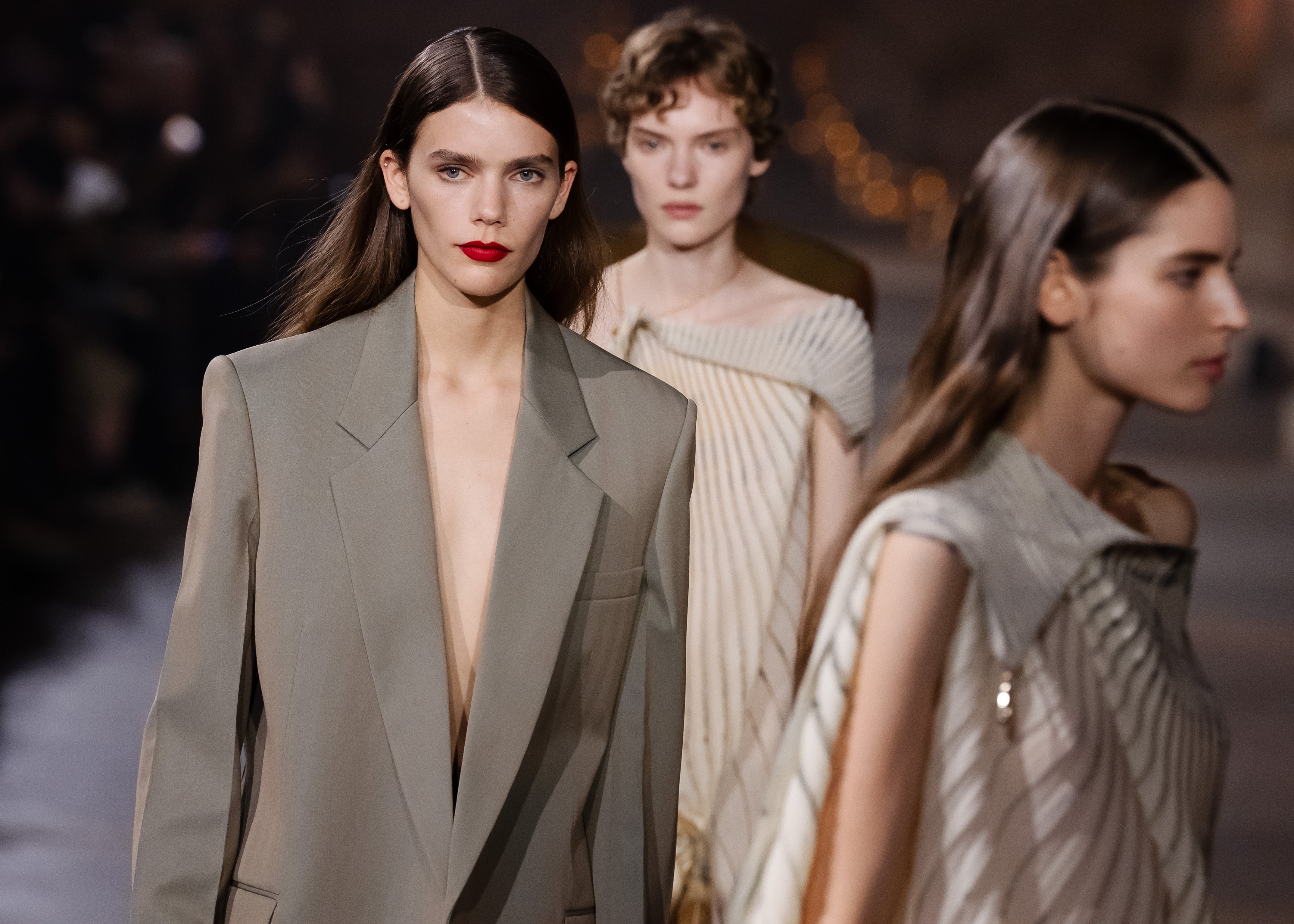 Models walk the runway during the Victoria Beckham Womenswear Spring/Summer 2027 show as part of Paris Fashion Week