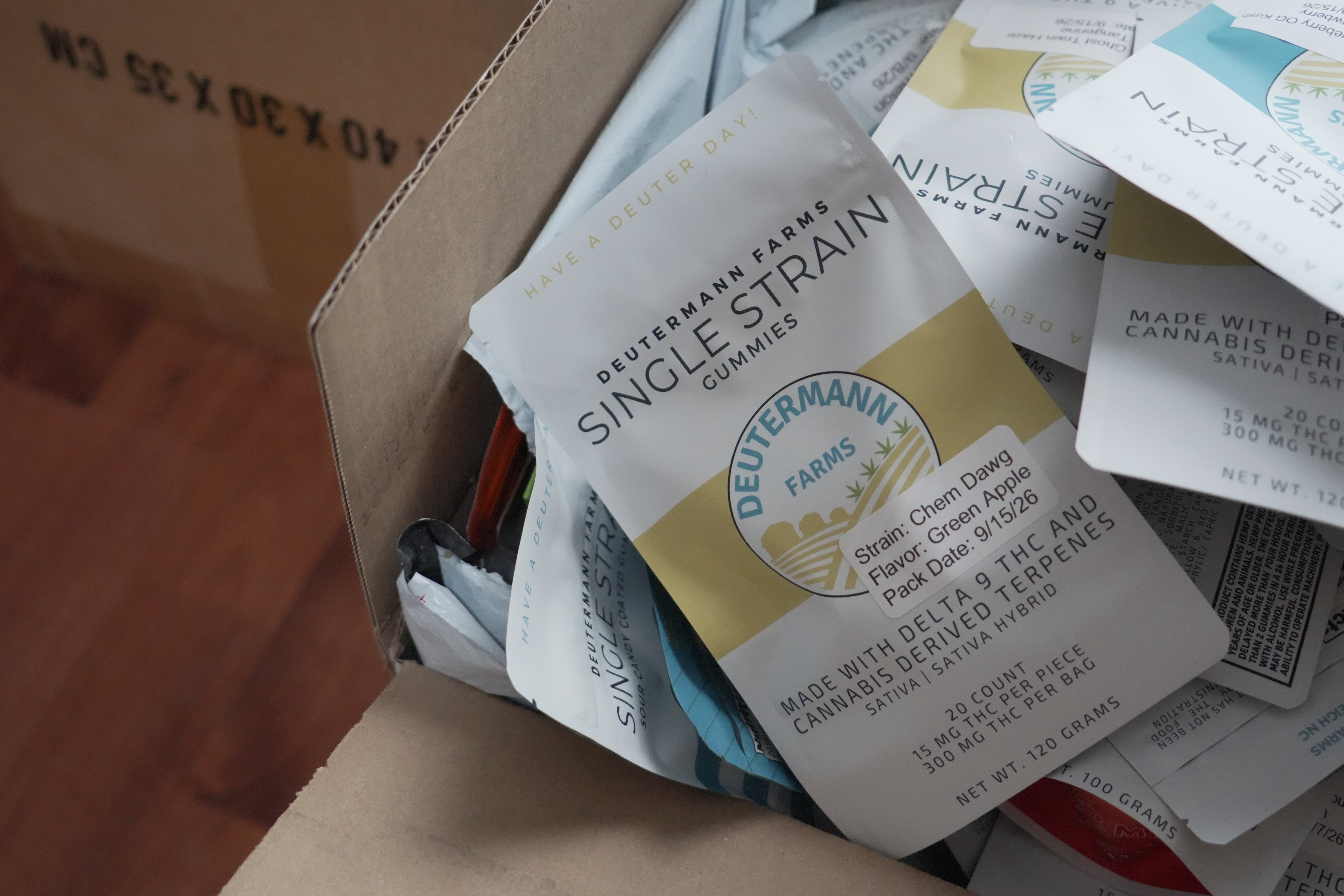 Bags of THC- and CBD-infused edibles await delivery at Deutermann Farms in Clayton, N.C., on Wednesday, Sept. 23, 2026. (AP Photo/Allen G. Breed)