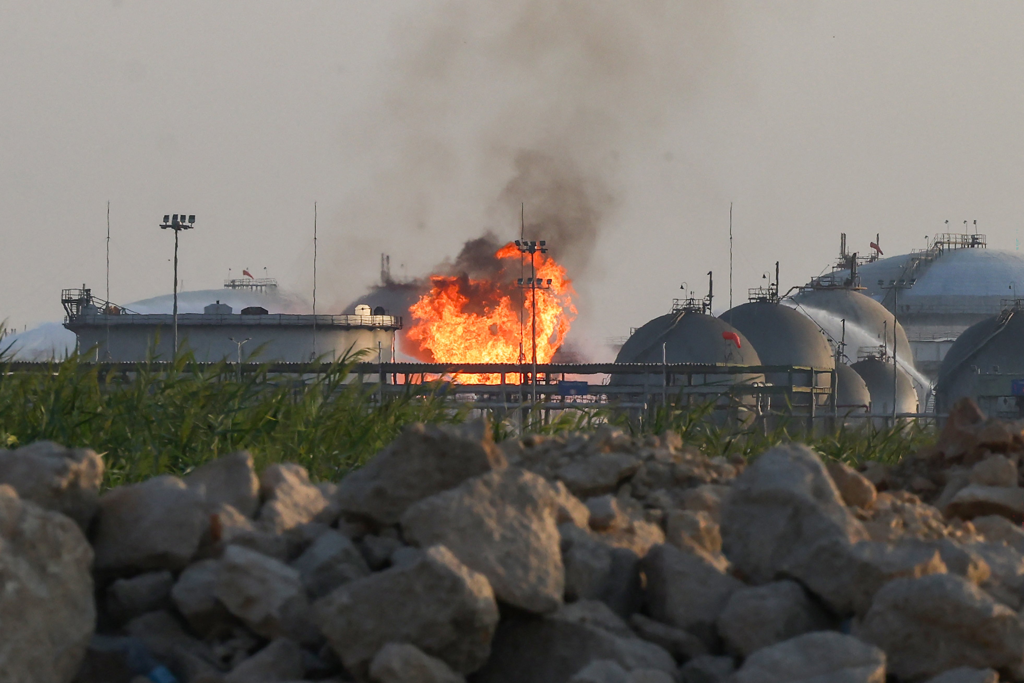 Flames burn at a facility belonging to Saudi oil giant Aramco south of Riyadh on October 3, 2026. (AFP/Getty)