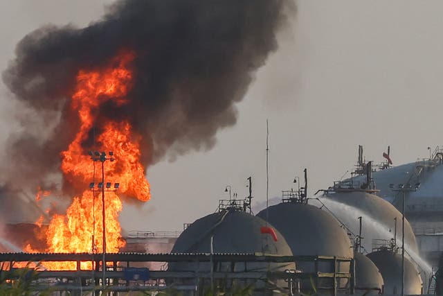 Flames burn at a facility belonging to Saudi oil giant Aramco south of Riyadh on October 3, 2026 ( AFP/Getty )