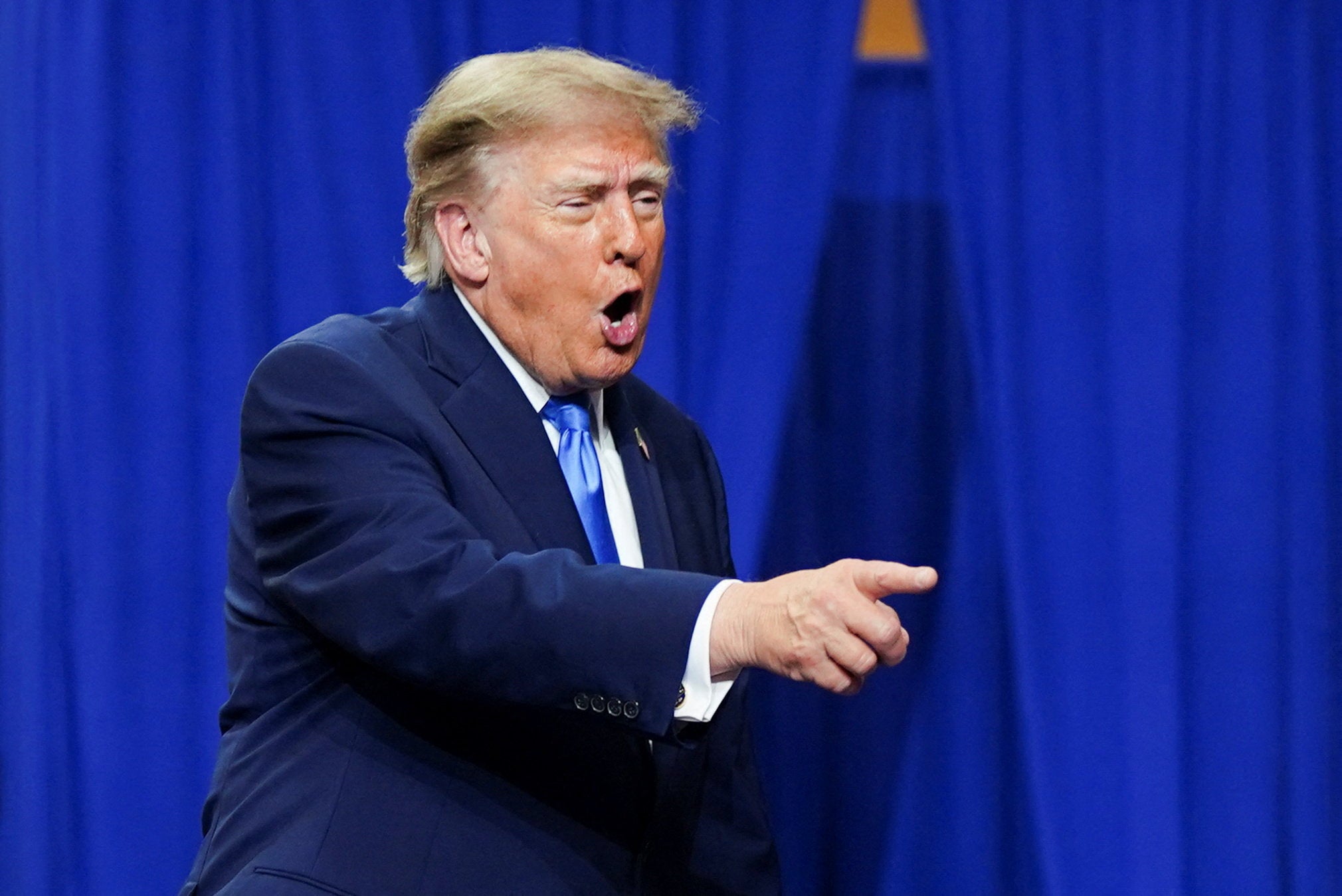US President Donald Trump gestures during a rally at Butler High School in Vandalia, Ohio, US, October 3, 2026.