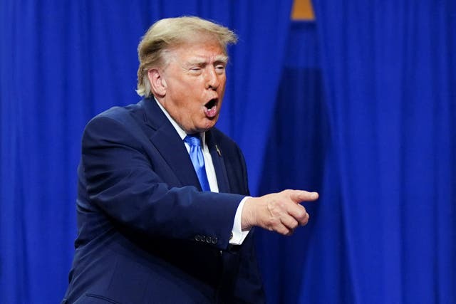 US President Donald Trump gestures during a rally at Butler High School in Vandalia, Ohio, US, October 3, 2026.