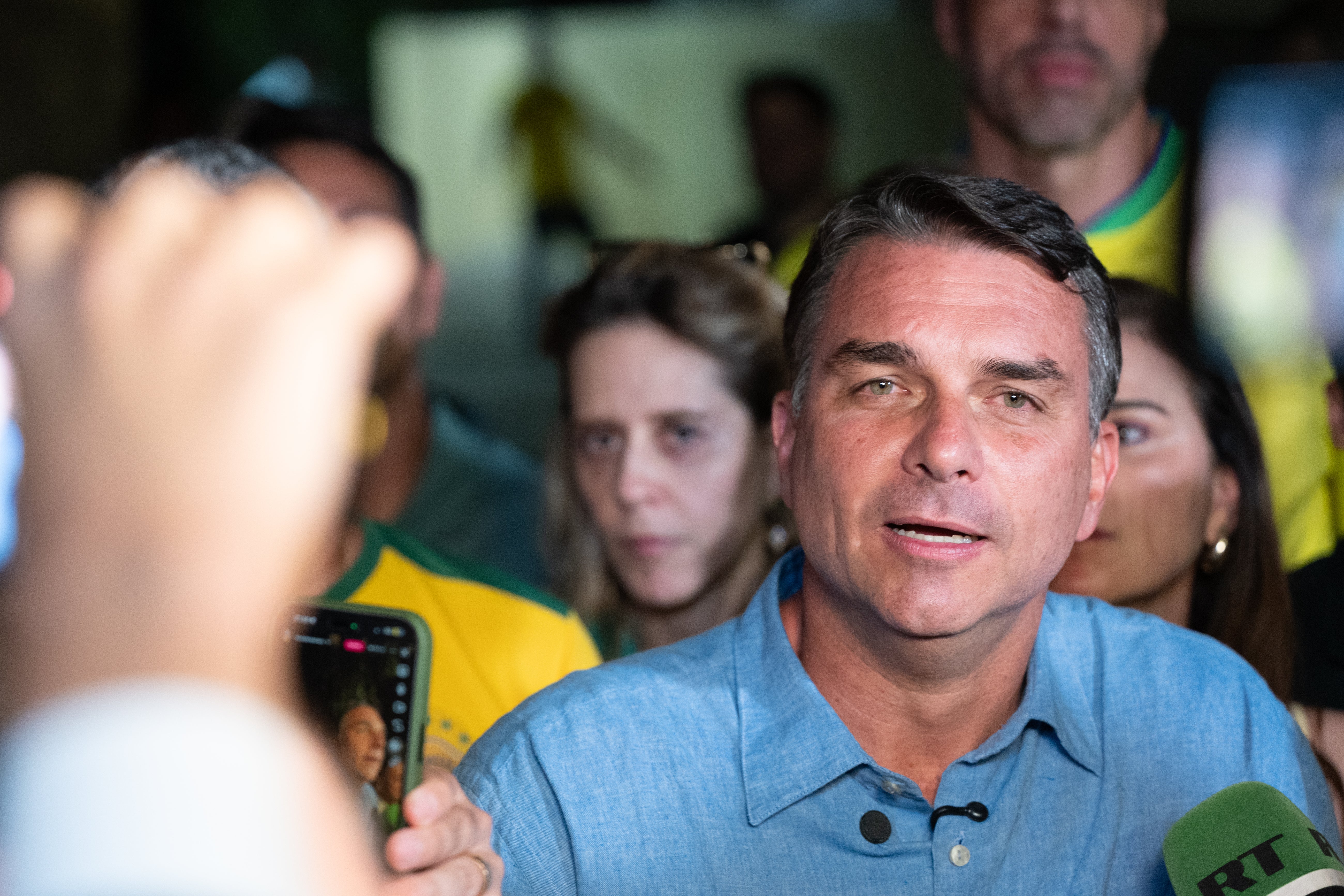 Flavio Bolsonaro speaks to the press after the votes are tallied in Brasilia, Brazil, on 4 October 2026