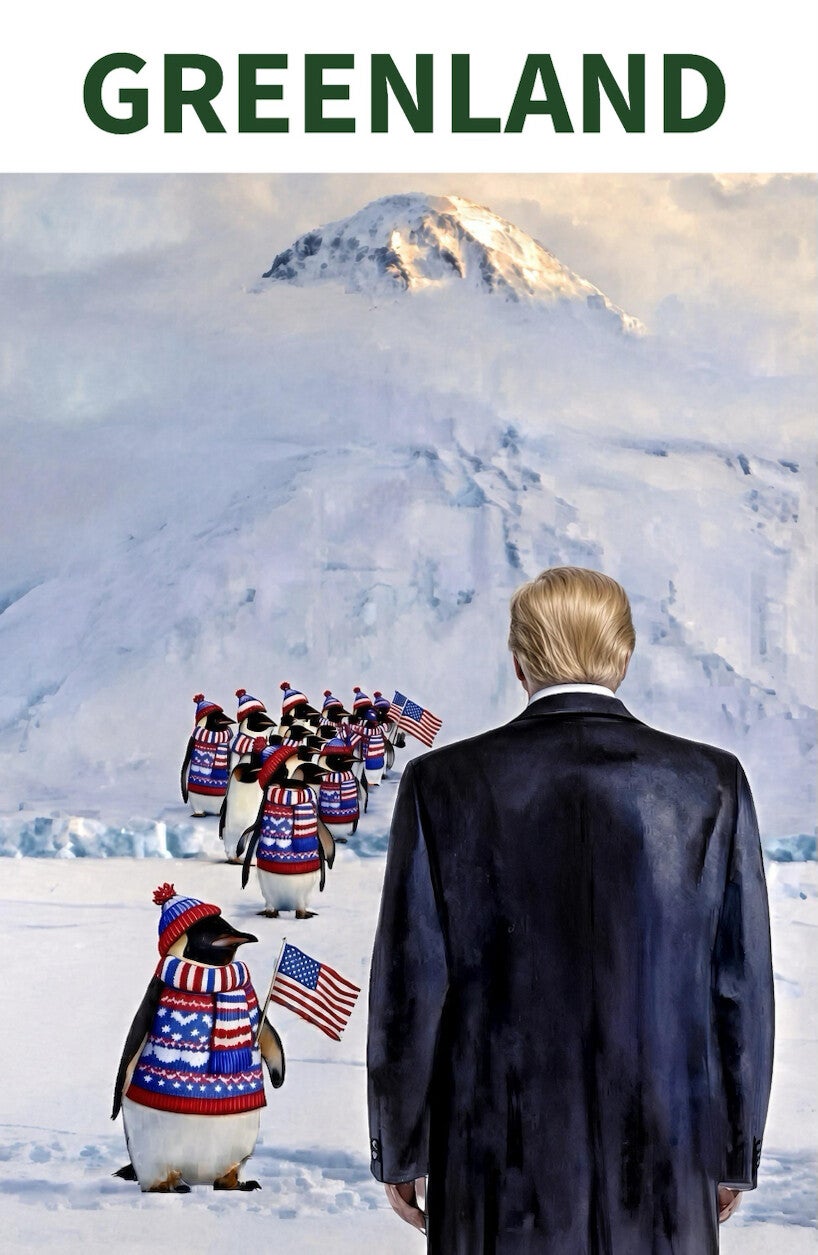 The image shows Trump standing before a snow-capped mountain as penguins in red, white and blue sweaters gather in front of him, holding American flags