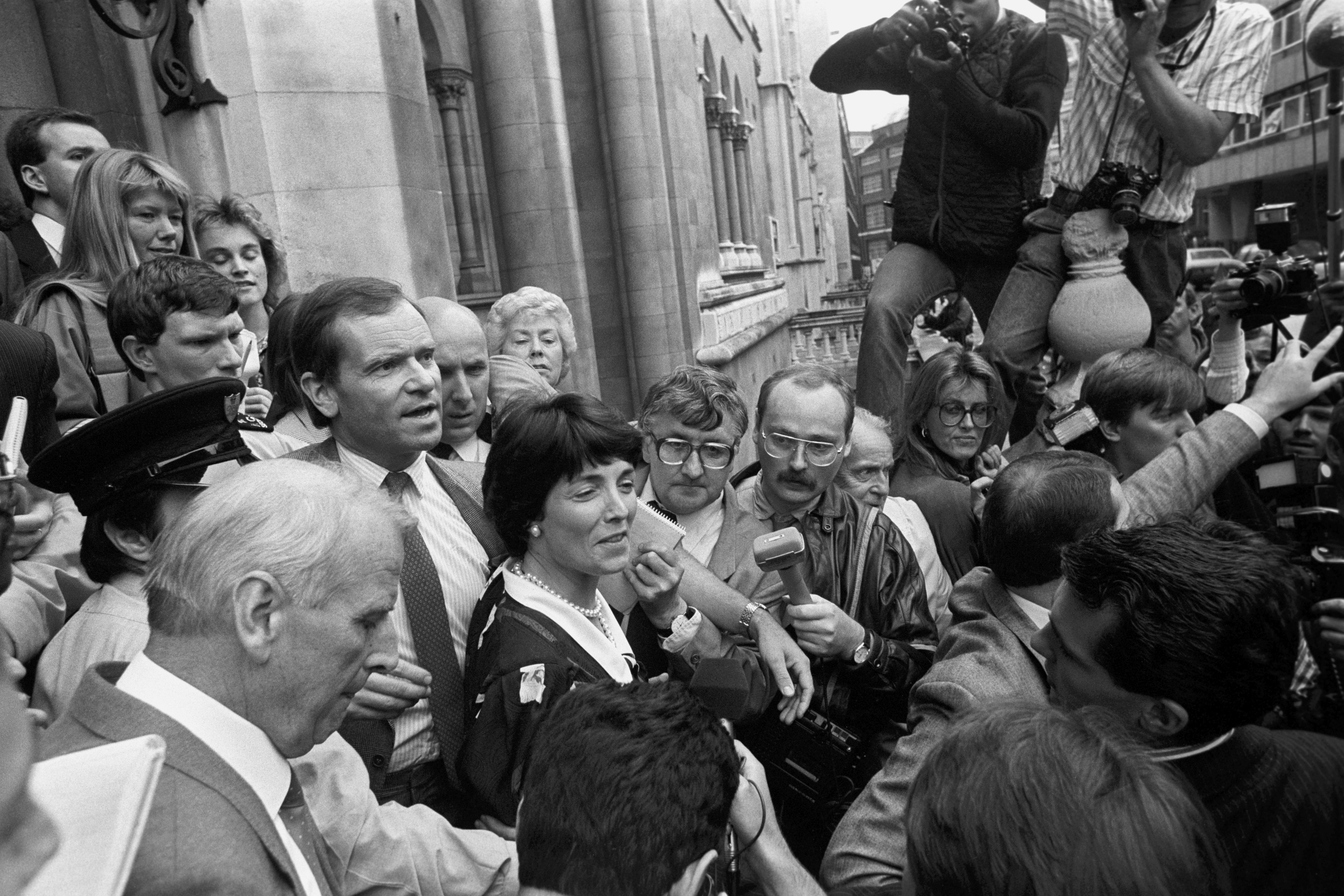 Jeffrey Archer and his wife Mary leaving the High Court, in London, in 1987 after winning record damages at the time of £500,000 for the libel action against The Star Newspaper