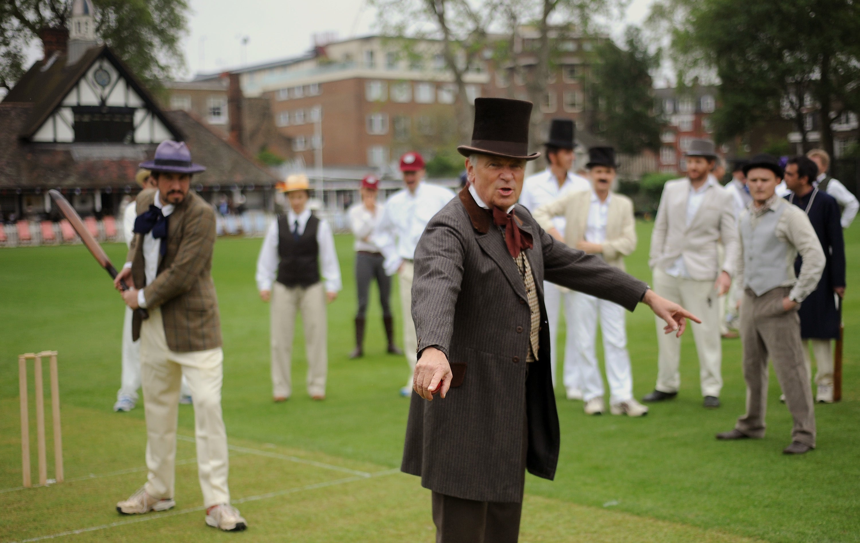 Jeffrey Archer, dressed in Victorian costume, umpires the start of the Wisden Victorian Cricket Match at Vincent Square, London to mark the 150th anniversary of the cricketers’ almanack.