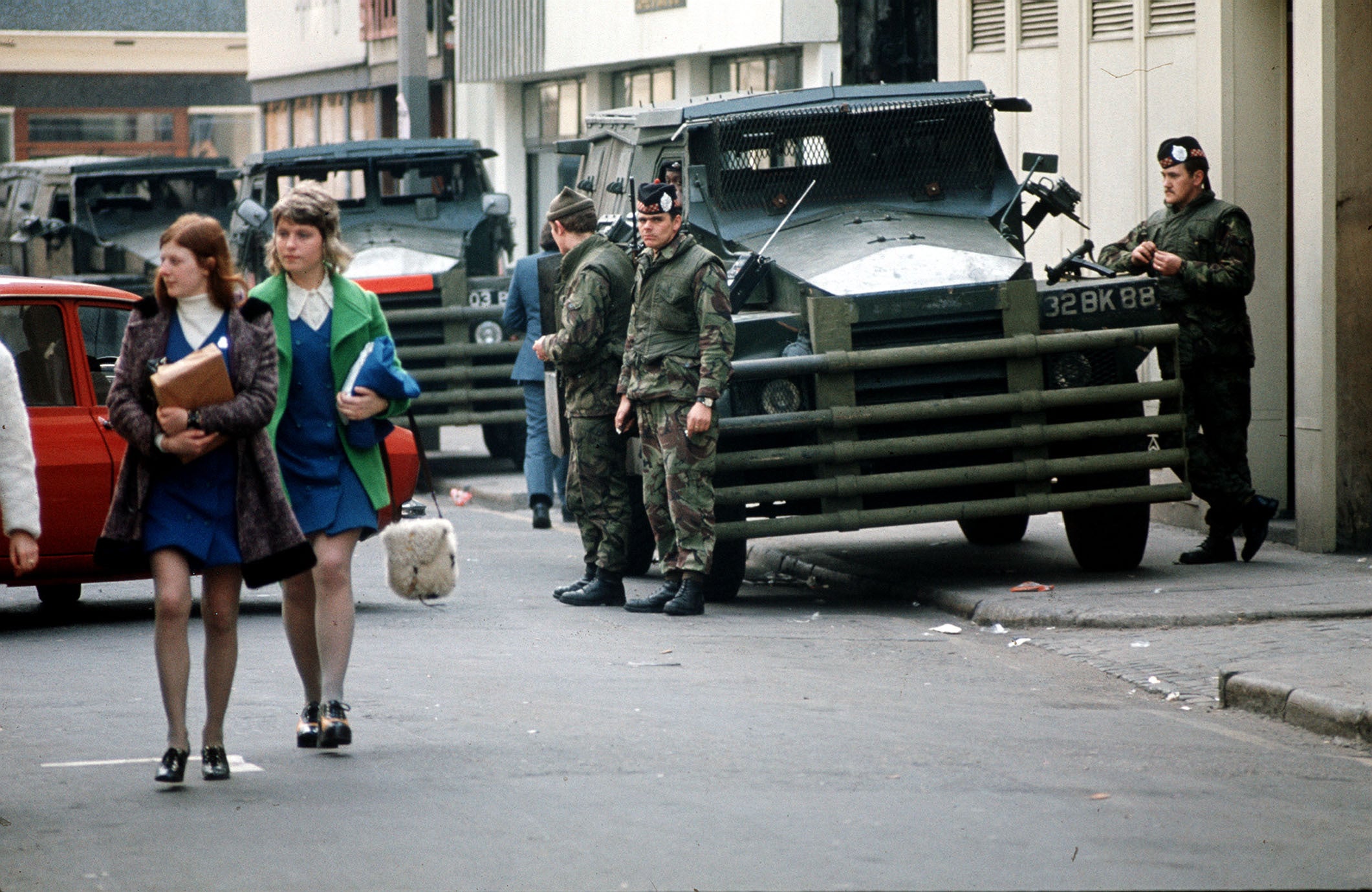 British troops of the Argyll and Sutherland Highlanders with armoured cars in the city of Belfast in Northern Ireland on routine patrol in 1973
