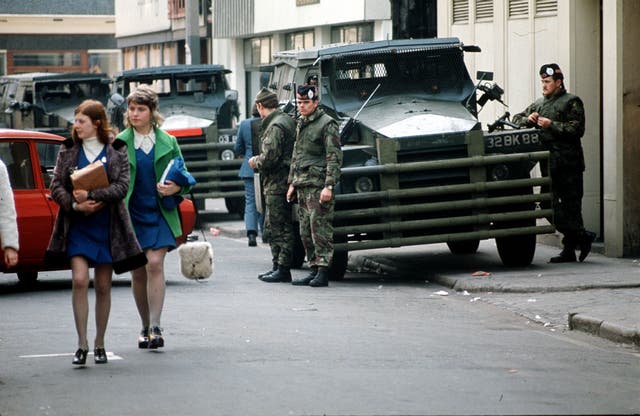 British troops of the Argyll and Sutherland Highlanders with armoured cars in the city of Belfast in Northern Ireland on routine patrol in 1973