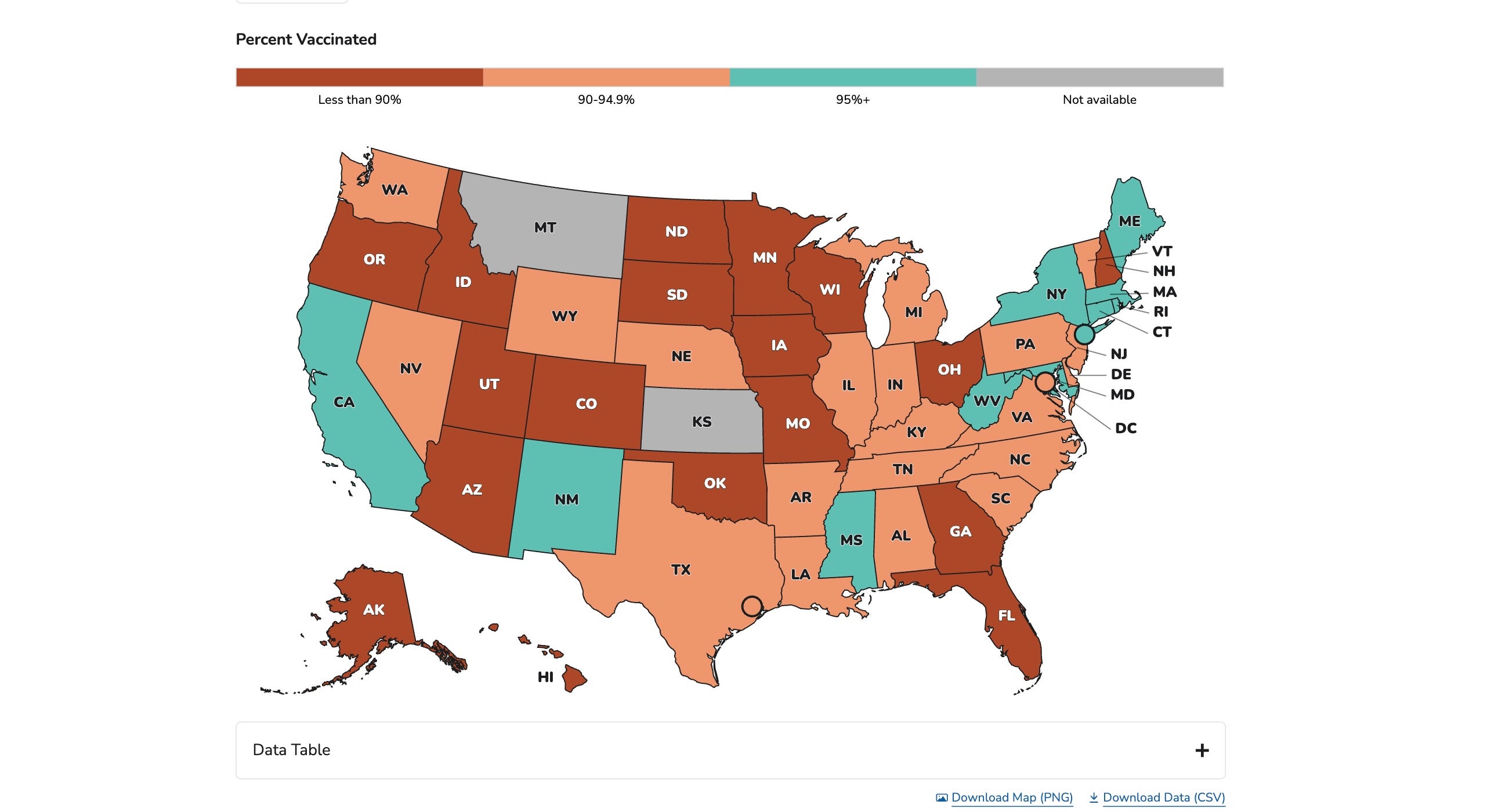 This CDC map, last updated October 2, shows vaccination rates among U.S. kindergarteners. The turquoise states have most coverage, with vaccinate rates above 95 percent, the level needed for immunity. Those in burnt orange have rates below 90 percent and those in light orange are in between 90-94.9 percent