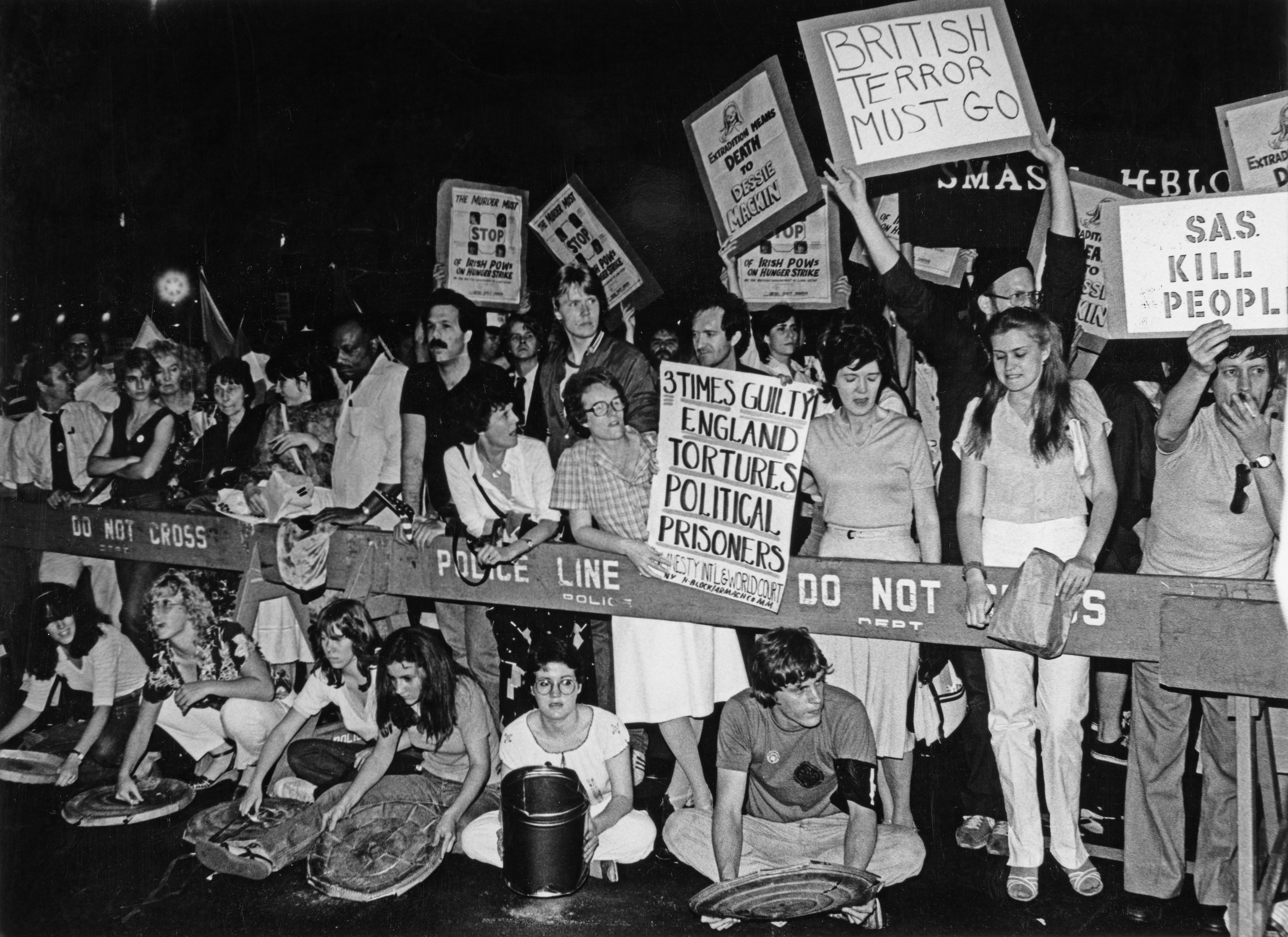 Demonstrators protesting Britain's continued presence in Northern Ireland while Prince Charles watched a Lincoln Centre ballet show in New York City, 1981
