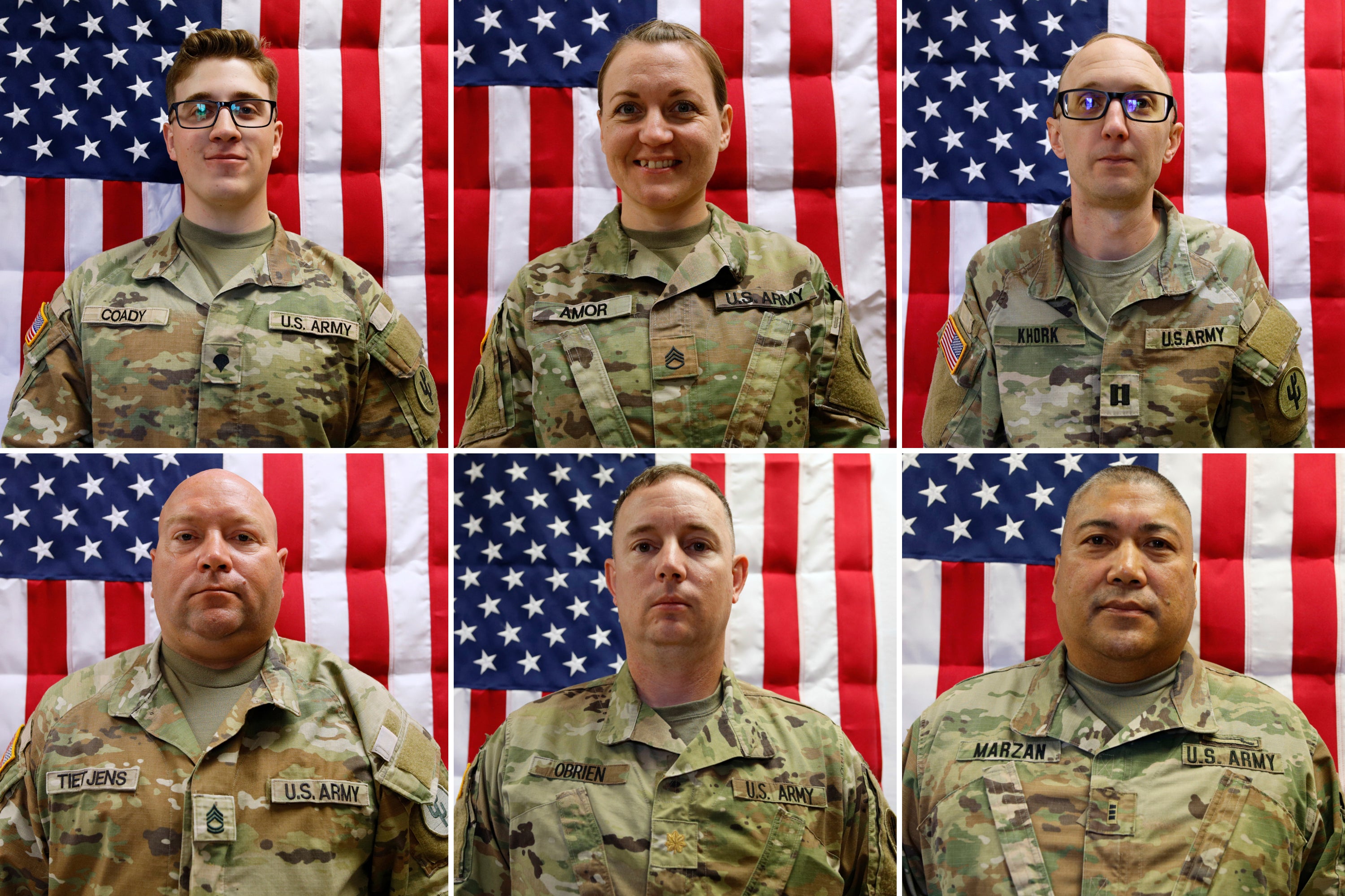 This combination of photos released by the U.S. Army taken on May 16, 2025, shows from top left, Sgt. Declan Coady, Master Sgt. Nicole Amor, Maj. Cody Khork, Master Sgt. Noah Tietjens, Maj. Jeffrey O’Brien and Chief Warrant Officer 3 Robert Marzan, after they were killed following an Iranian drone strike on March 1, 2026, in Port Shuaiba in Kuwait