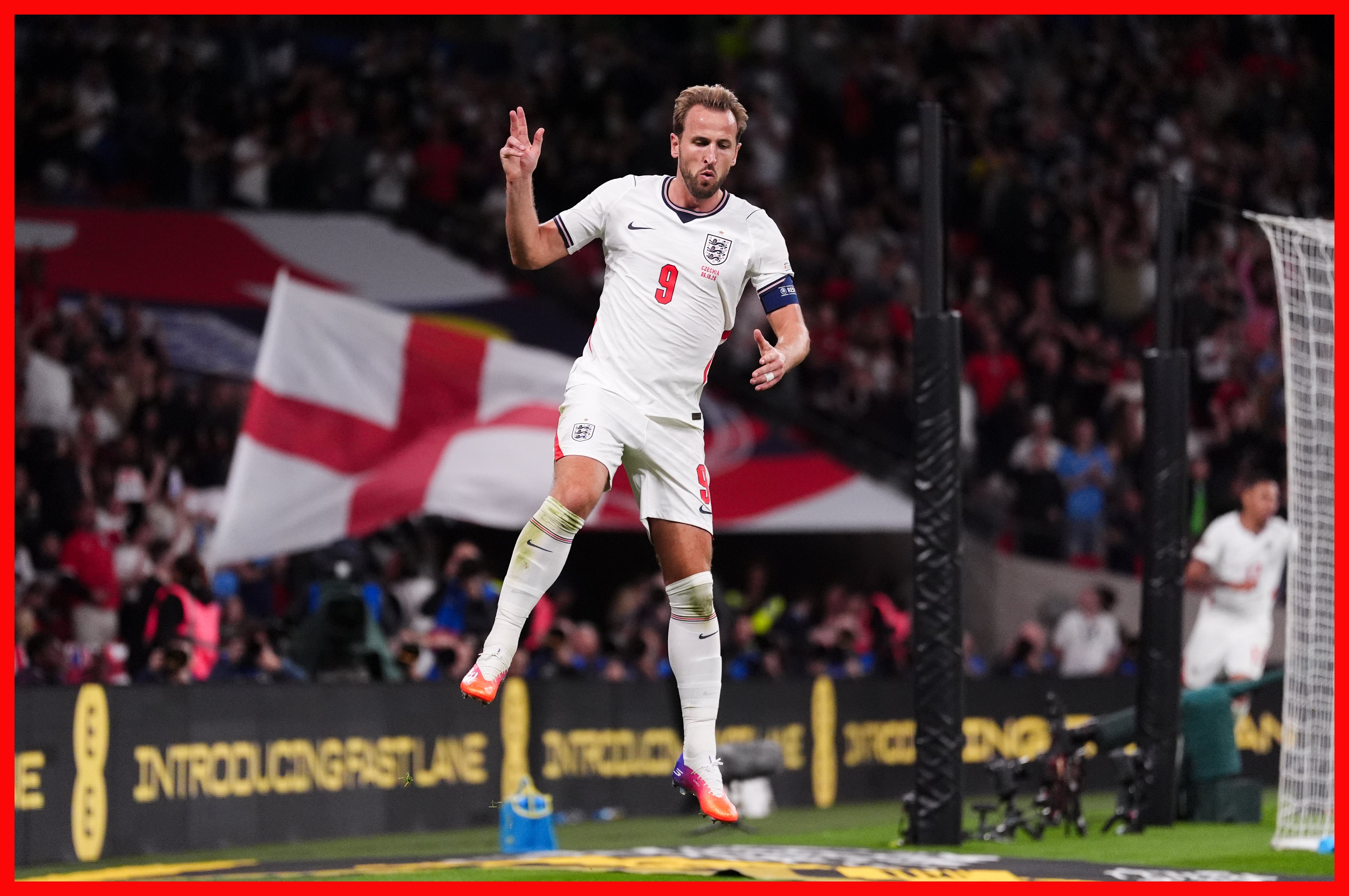 Harry Kane celebrates after scoring England's second goal of the game