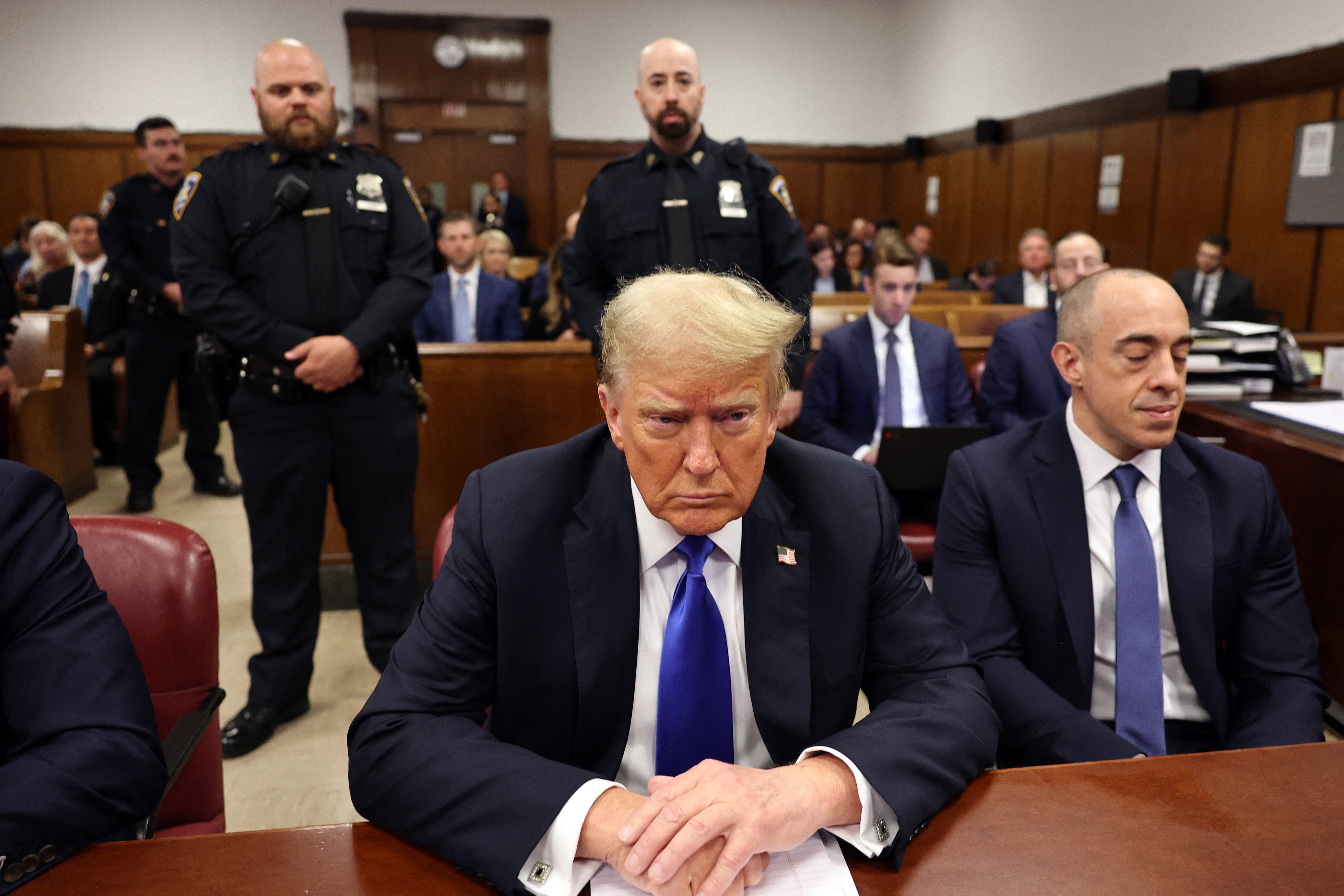 President Donald Trump, then running for re-election, is seen next to defense lawyer Emil Bove, now a federal appeals judge, during the 2024 Stormy Daniels ‘hush money’ trial in New York City, where he was convicted on 34 counts of falsifying business records