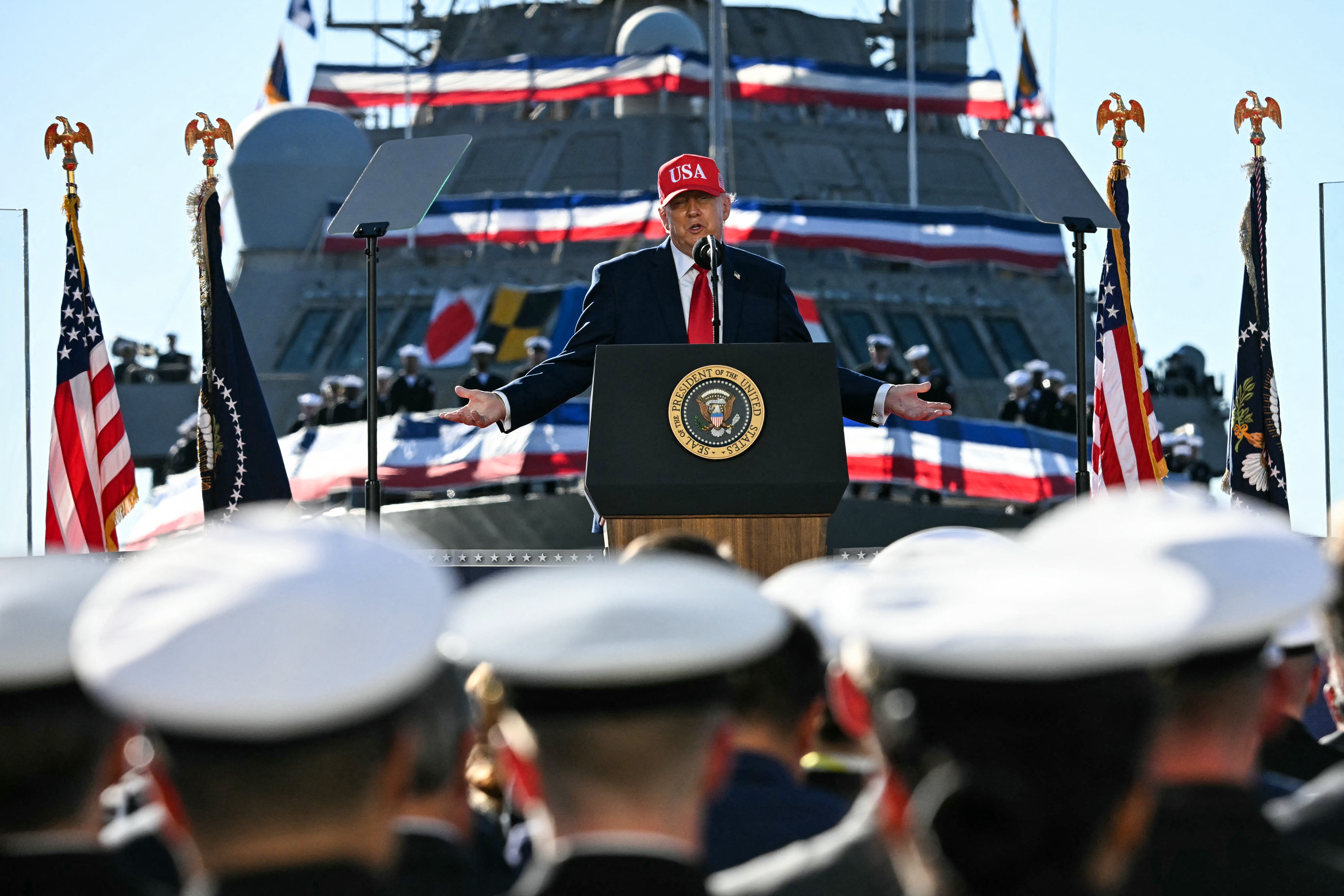 The president addressed a group of midshipmen in Baltimore as he announced the construction of a new shipbuilding facility