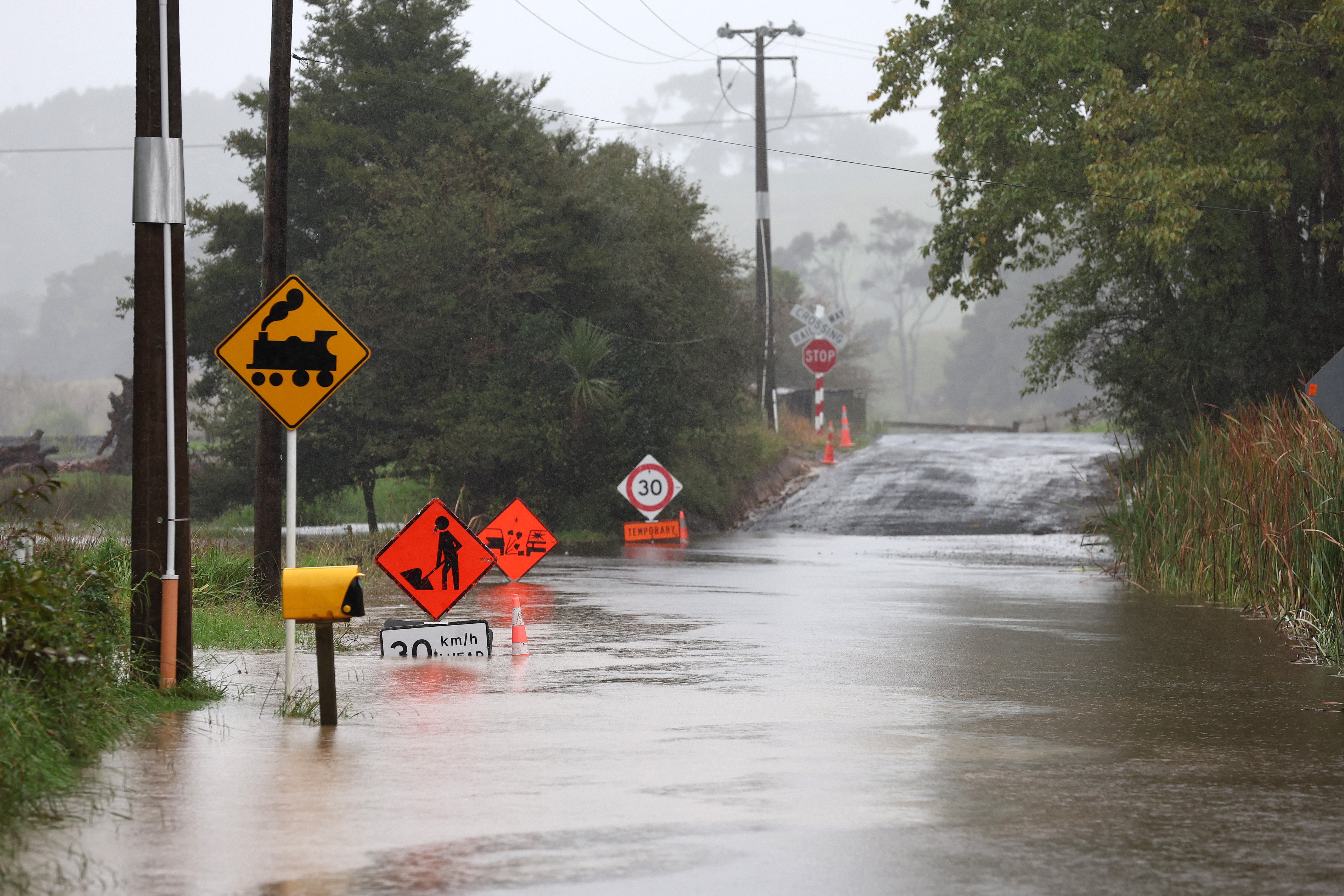 Roads flood after heavy rain from Cyclone Vaianu near Warkworth on 12 April 2026