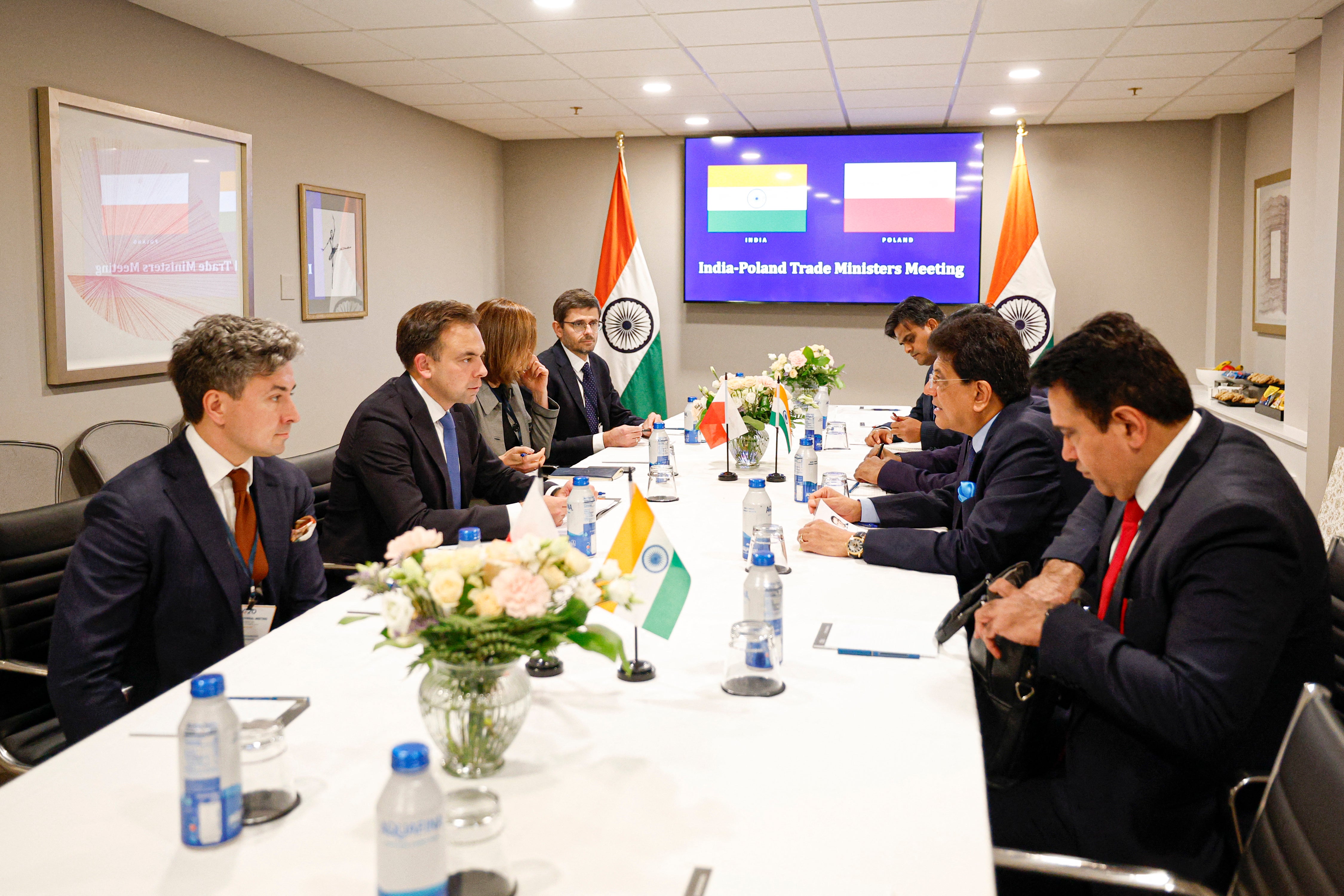 Indian commerce minister Piyush Goyal, right, with Polish finance minister Andrzej Domanski during the first day of the G20 Trade Ministerial Conference in Milwaukee, US