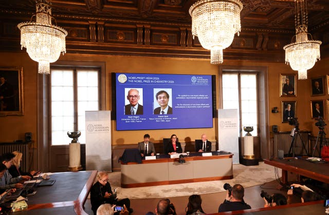 Henri Kagan and Kenso Soai are awarded the 2026 Nobel Prize in Chemistry during a press conference at the Royal Swedish Academy of Sciences in Stockholm, Sweden, October 7, 2026