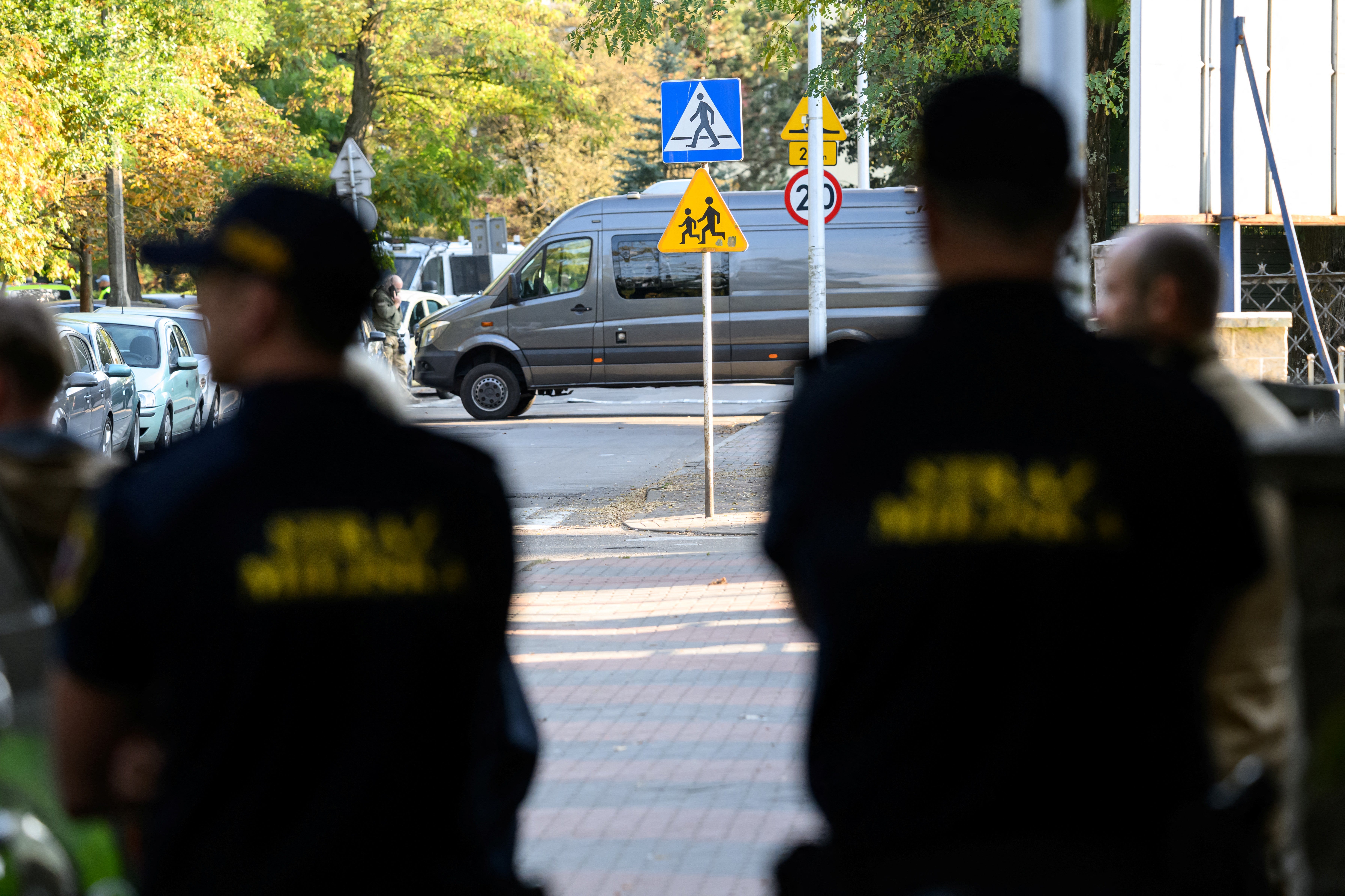 Police outside the scene of a knife attack at a vocational school in Ostroleka