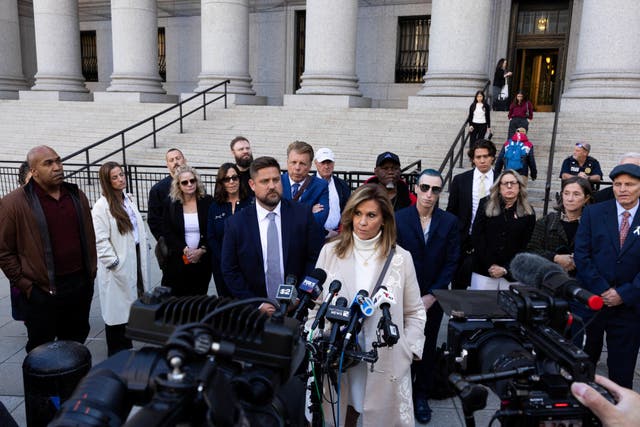 Terry Strada, National Chair of 9/11 Families United, speaks with media outside the Thurgood Marshall U.S. Courthouse following a hearing