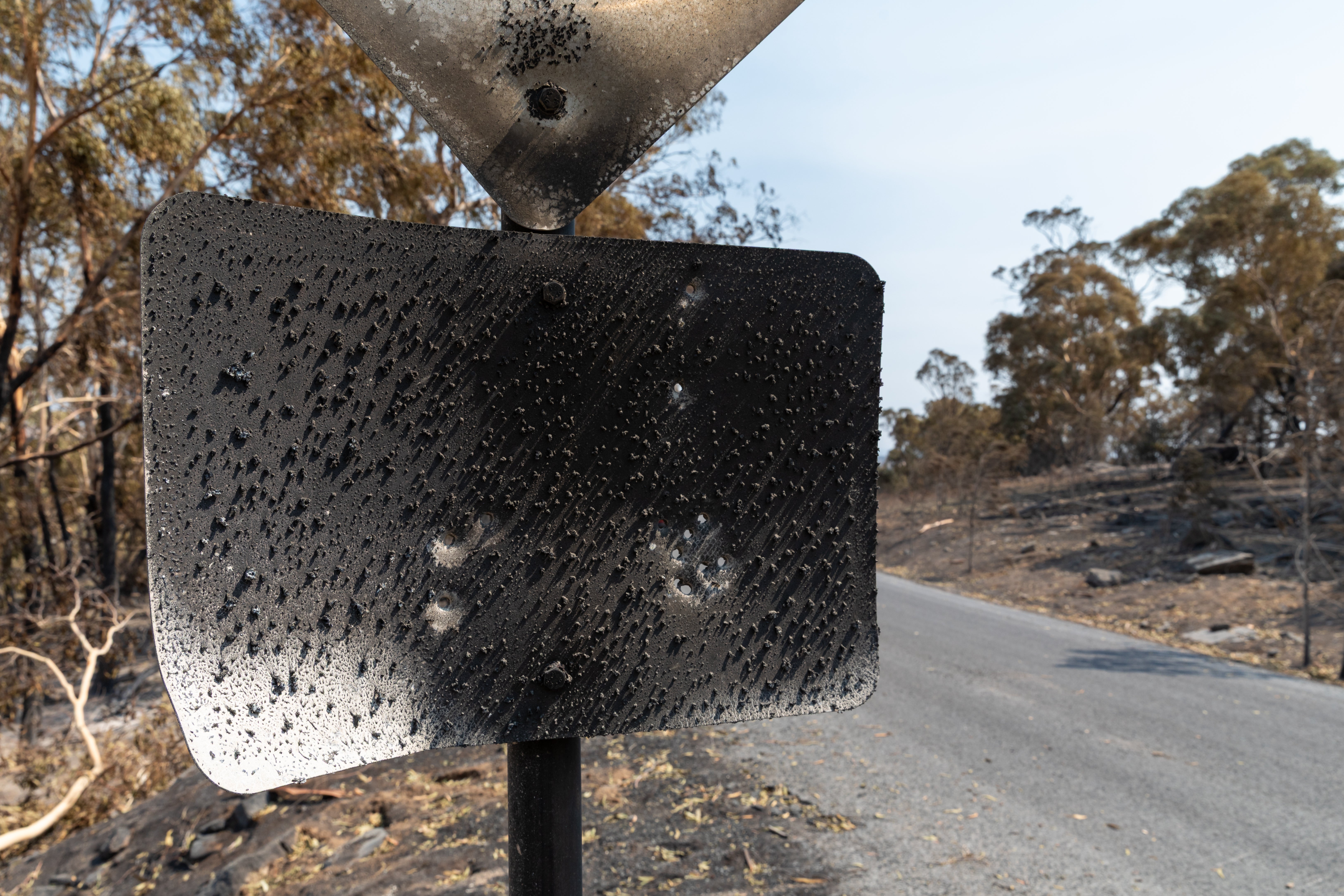 A charred road sign in Harcourt, Australia