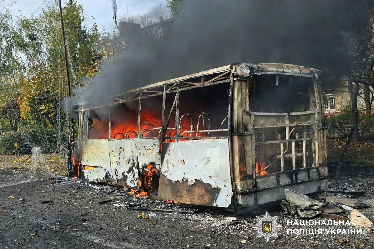 A bus burns following a Russian air strike in the eastern Ukrainian city of Kramatorsk