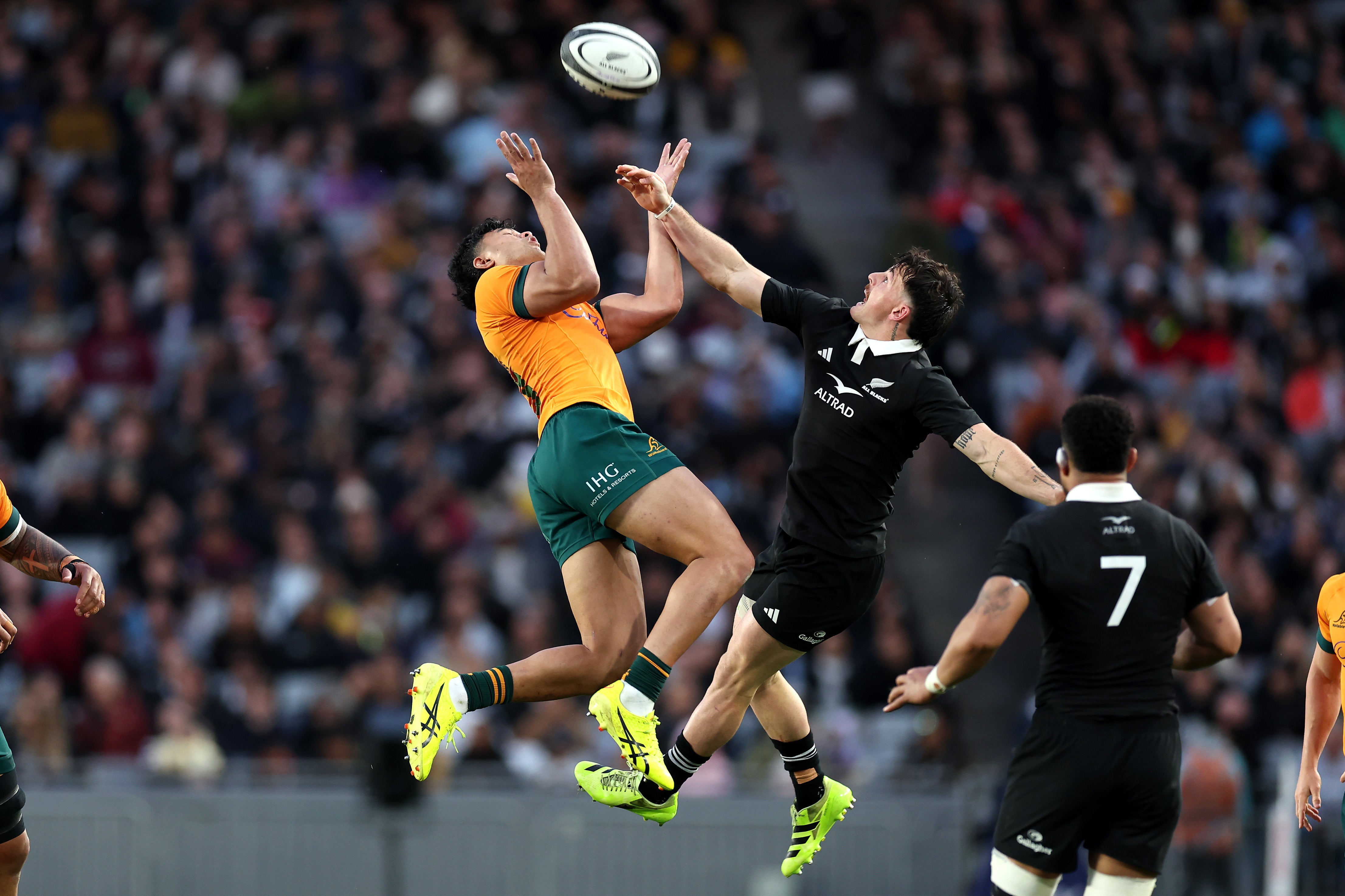 The Wallabies and All Blacks battle for the Bledisloe Cup