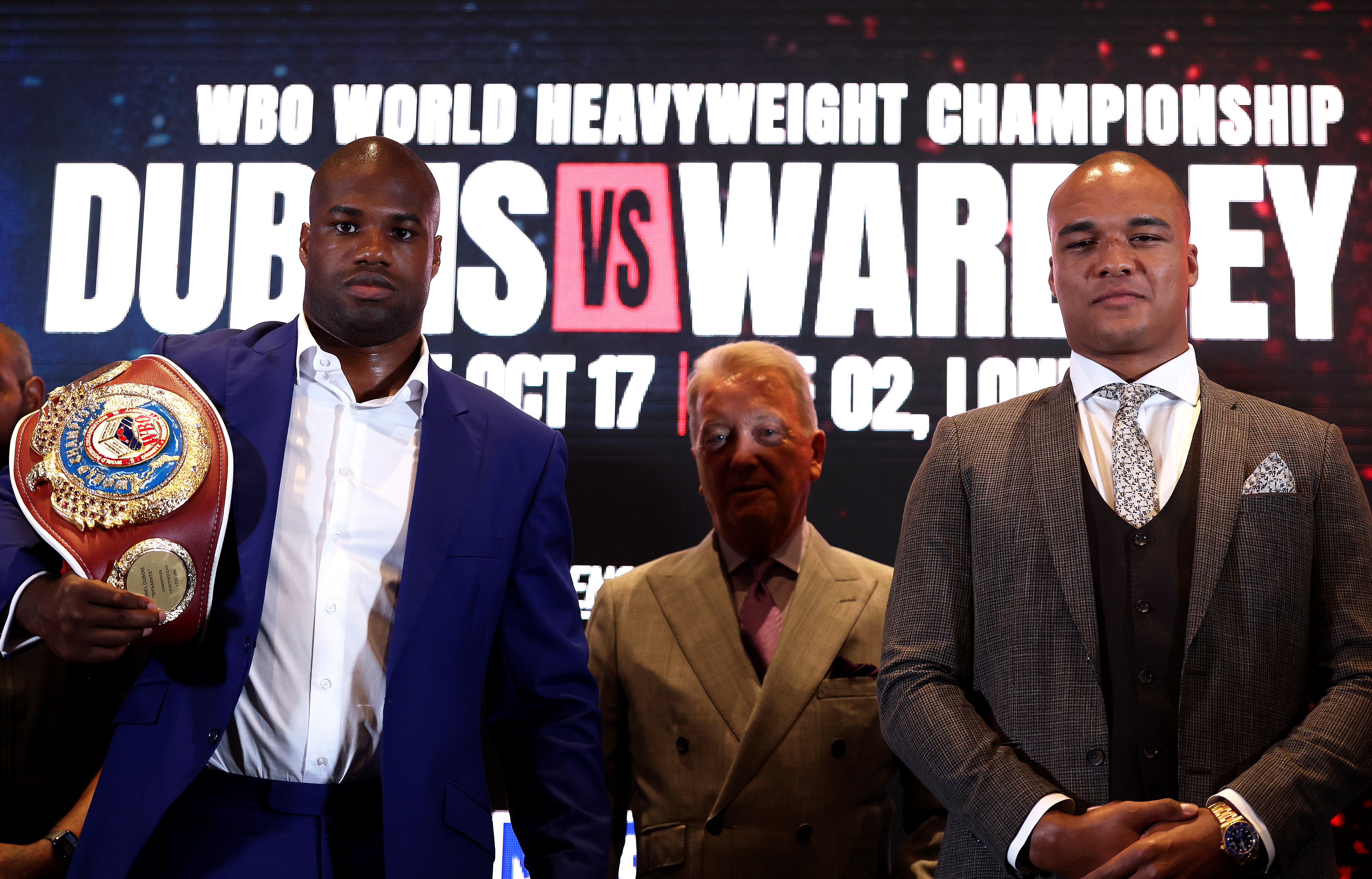 Dubois and Wardley flank promoter Frank Warren at a press conference for their rematch