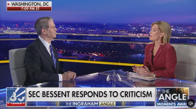 ‘Have you ever thrown a binder at a wall, Mr. Secretary?’ Ingraham asked Bessent on Wednesday’s show. ‘Absolutely not,’ Bessent replied, before unleashing on the newspaper