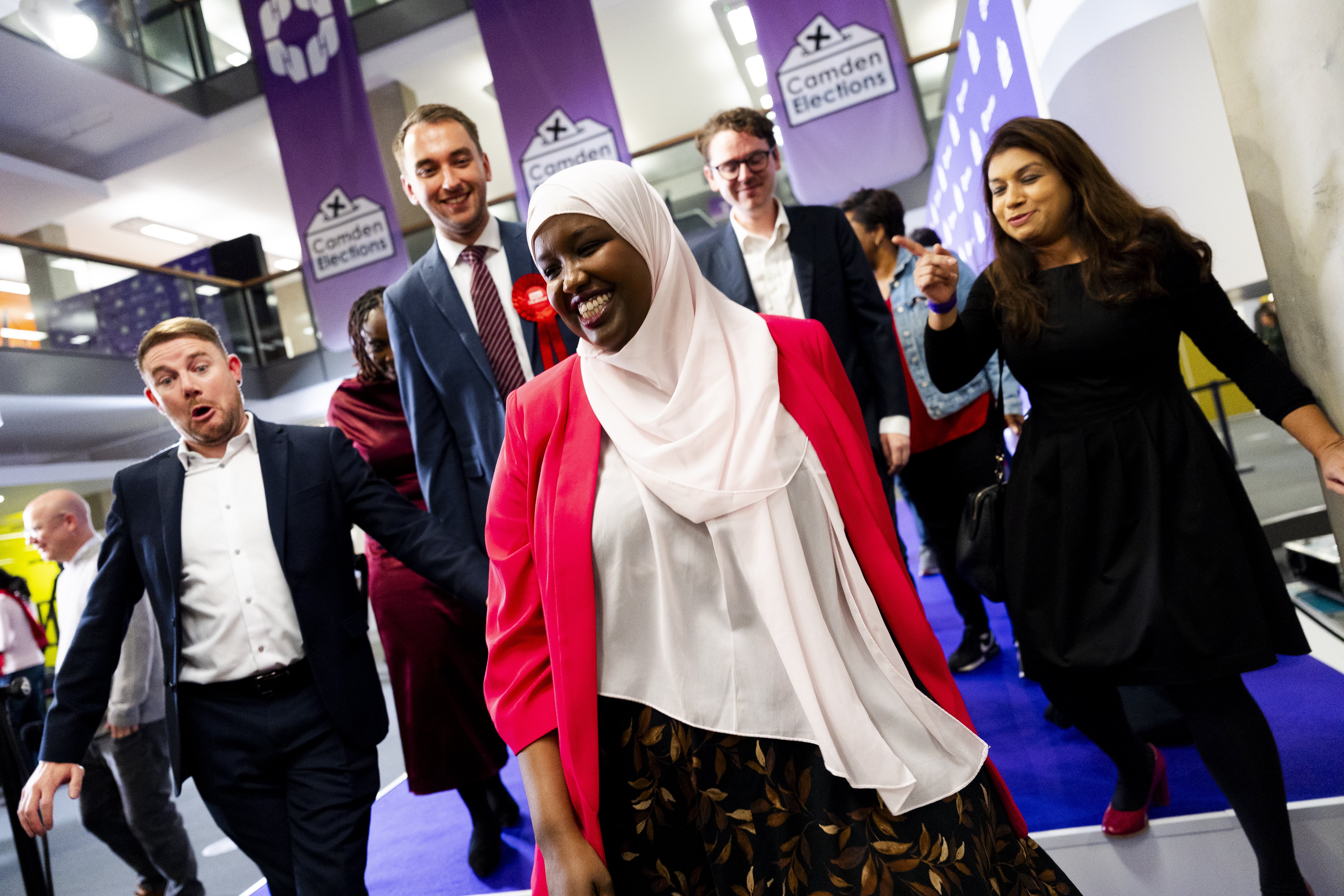 Camden Council leader Sagal Abdi-Wali grins after being declared the winner of the Holborn and St Pancras by-election