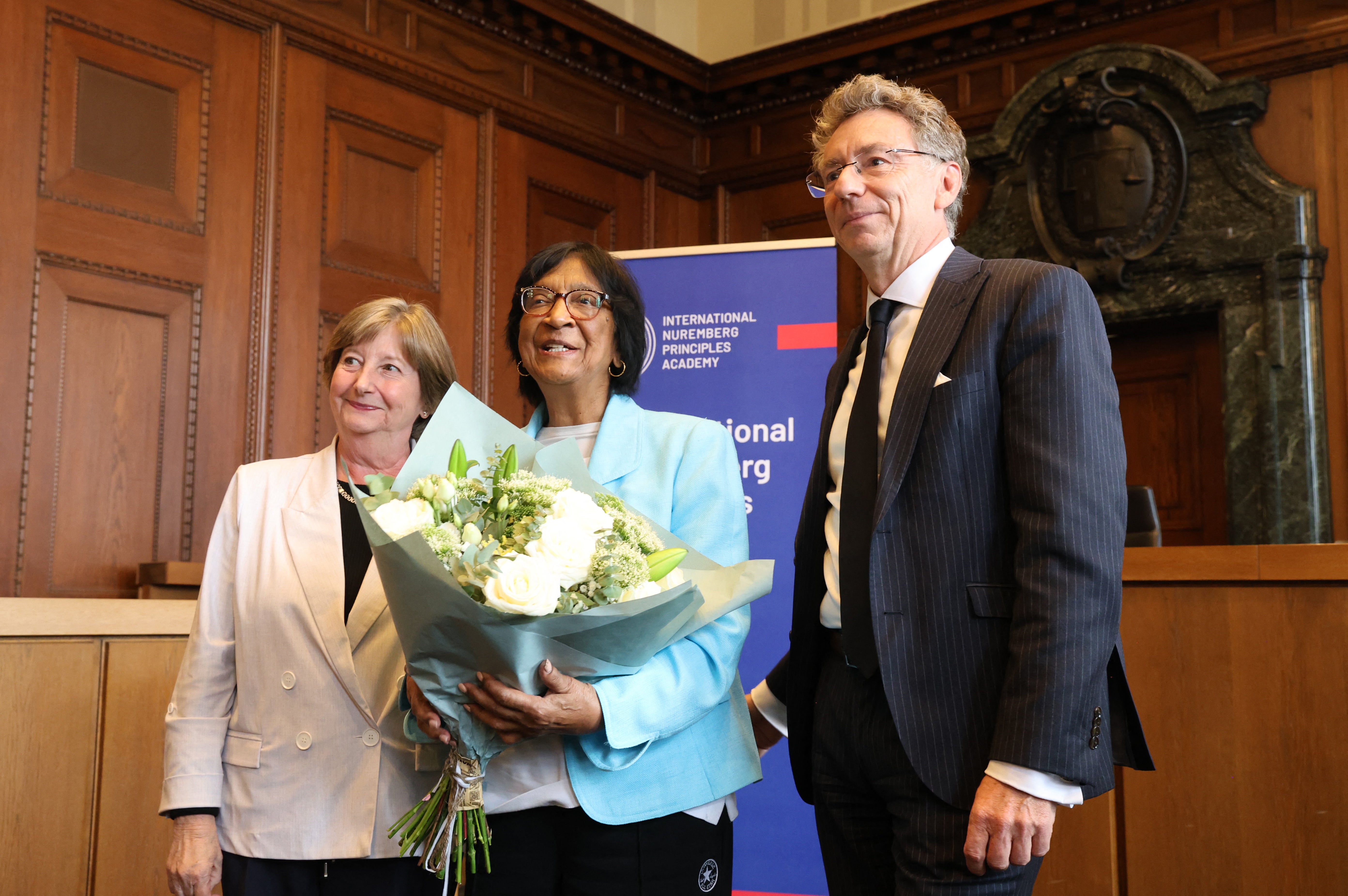 The 2026 Nobel Peace Prize laureate, South African lawyer and champion of international law Navi Pillay (C) poses with the former President of the International Criminal Court (ICC) Silvia Fernandez de Gurmendi (L).