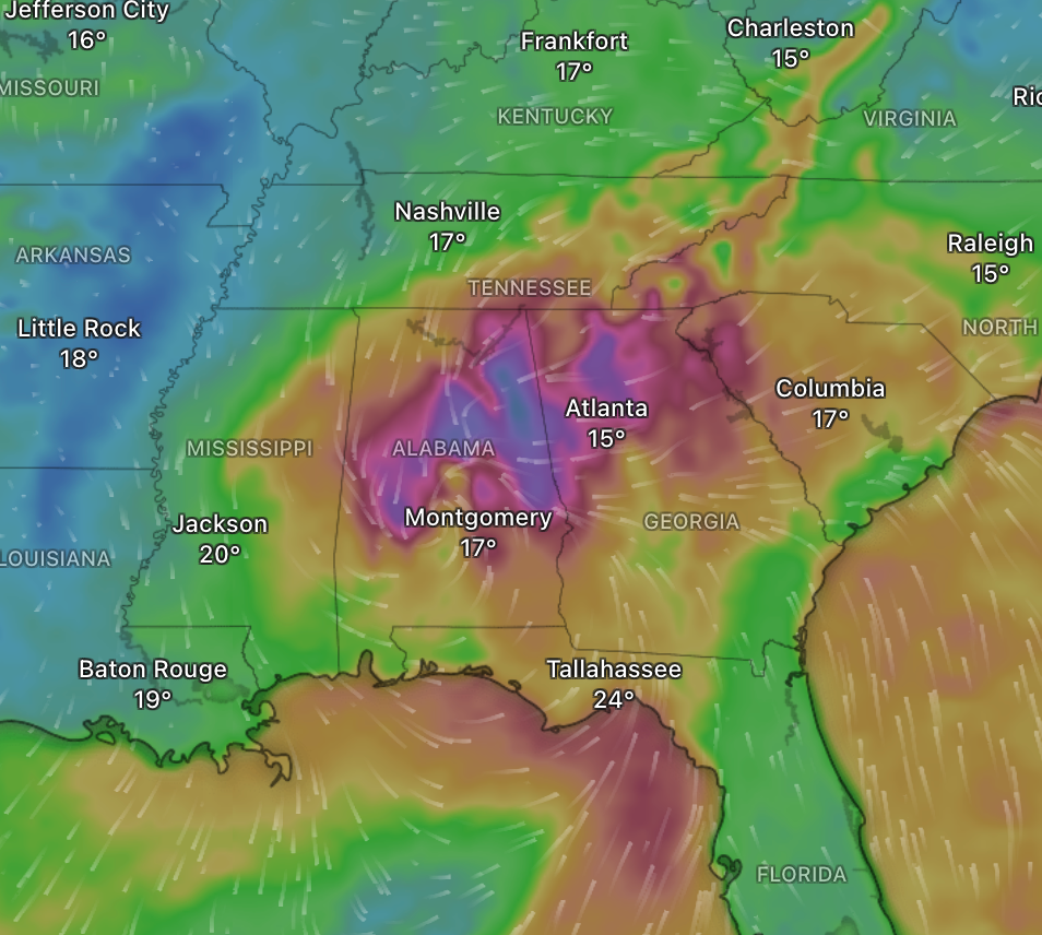 Maps show strong winds moving across Alabama