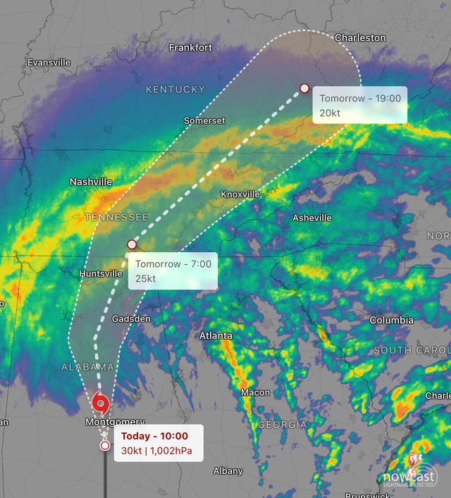 The storm is expected to travel northwards across the Tennessee Valley