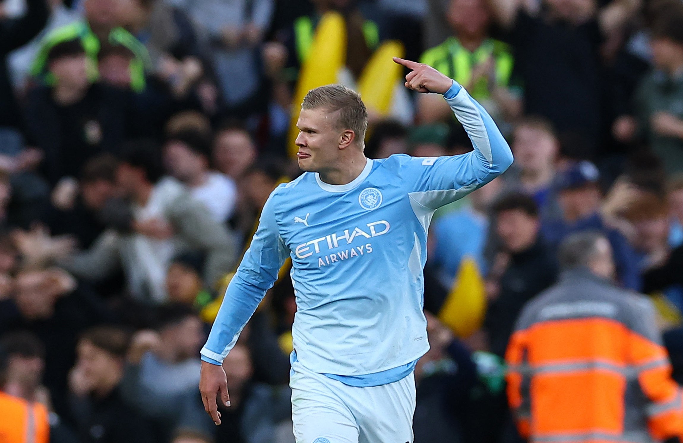 Erling Haaland celebrates after scoring City’s first goal