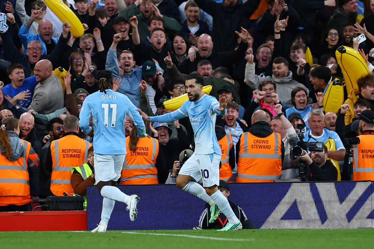 Liverpool vs Manchester City LIVE: Rayan Cherki adds third goal as City cruise towards victory at Anfield