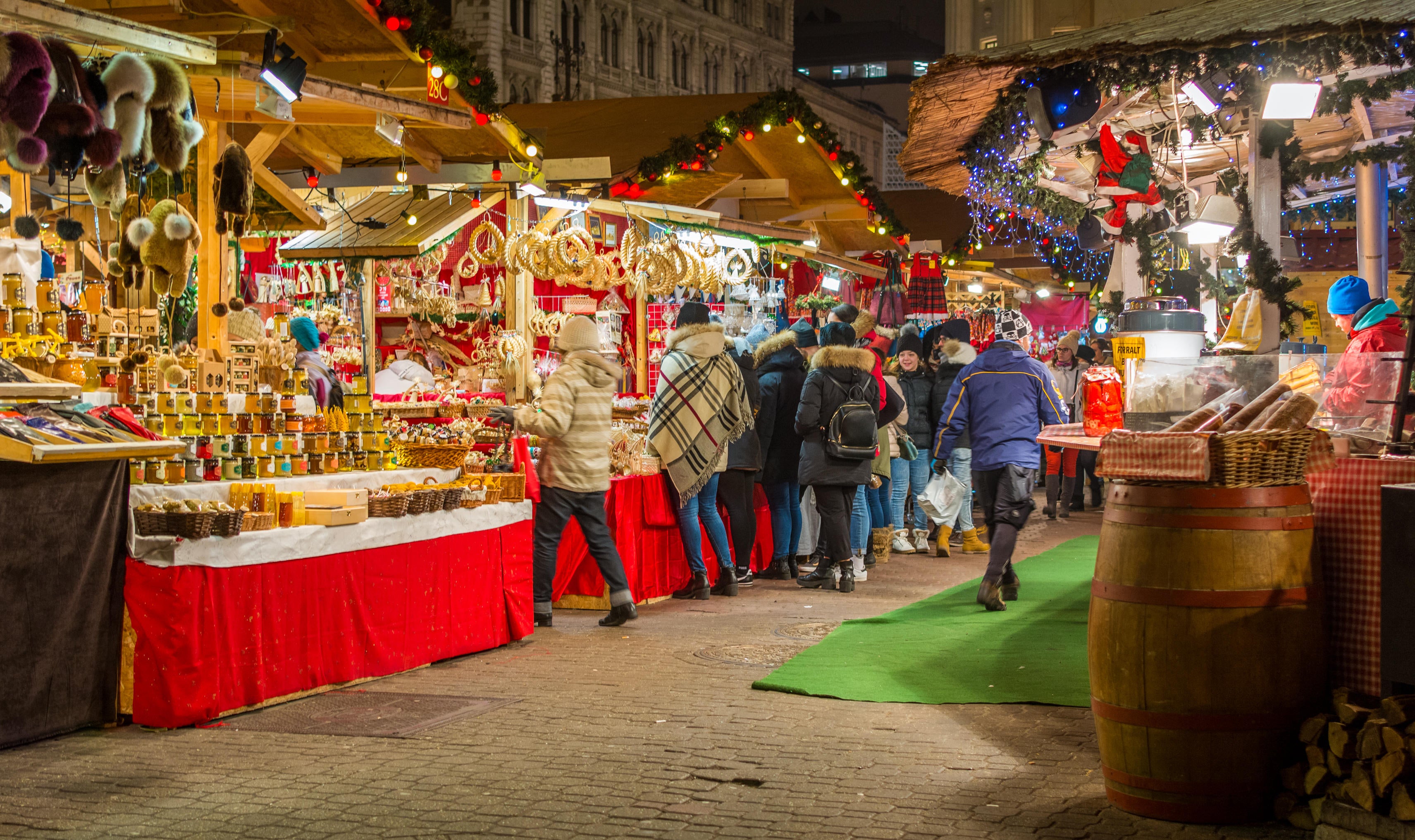 Stalls at the Vorosmarty Square Christmas market (Alamy/PA)