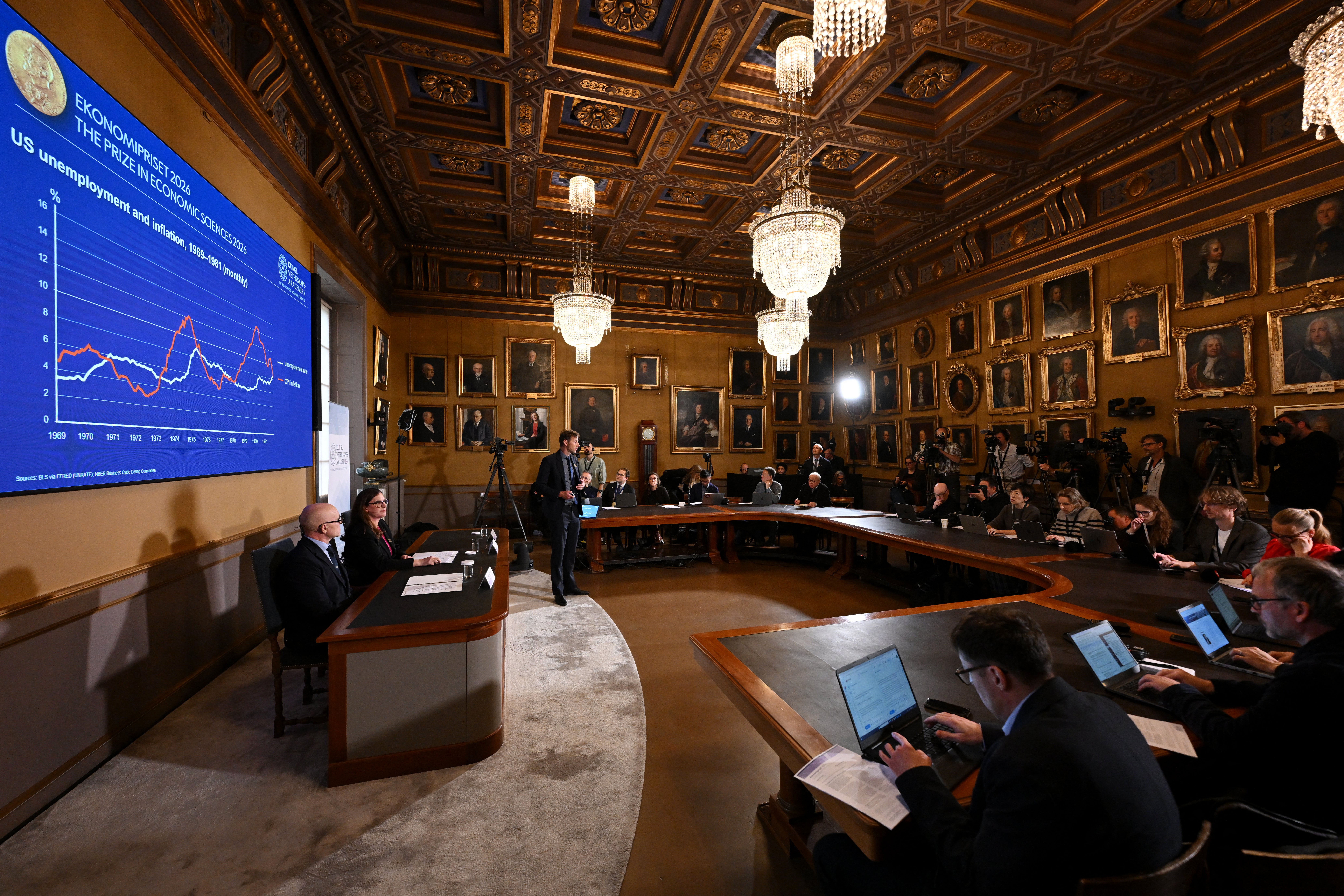 Timo Boppart, member of the Committee for the Prize in Economic Sciences and expert, addresses the press after the announcement of US macroeconomists Robert E Hall and Michael Woodford as the winners of the 2026 Sveriges Riksbank Prize in Economic Sciences in Memory of Alfred Nobel at the Royal Swedish Academy of Sciences in Stockholm.