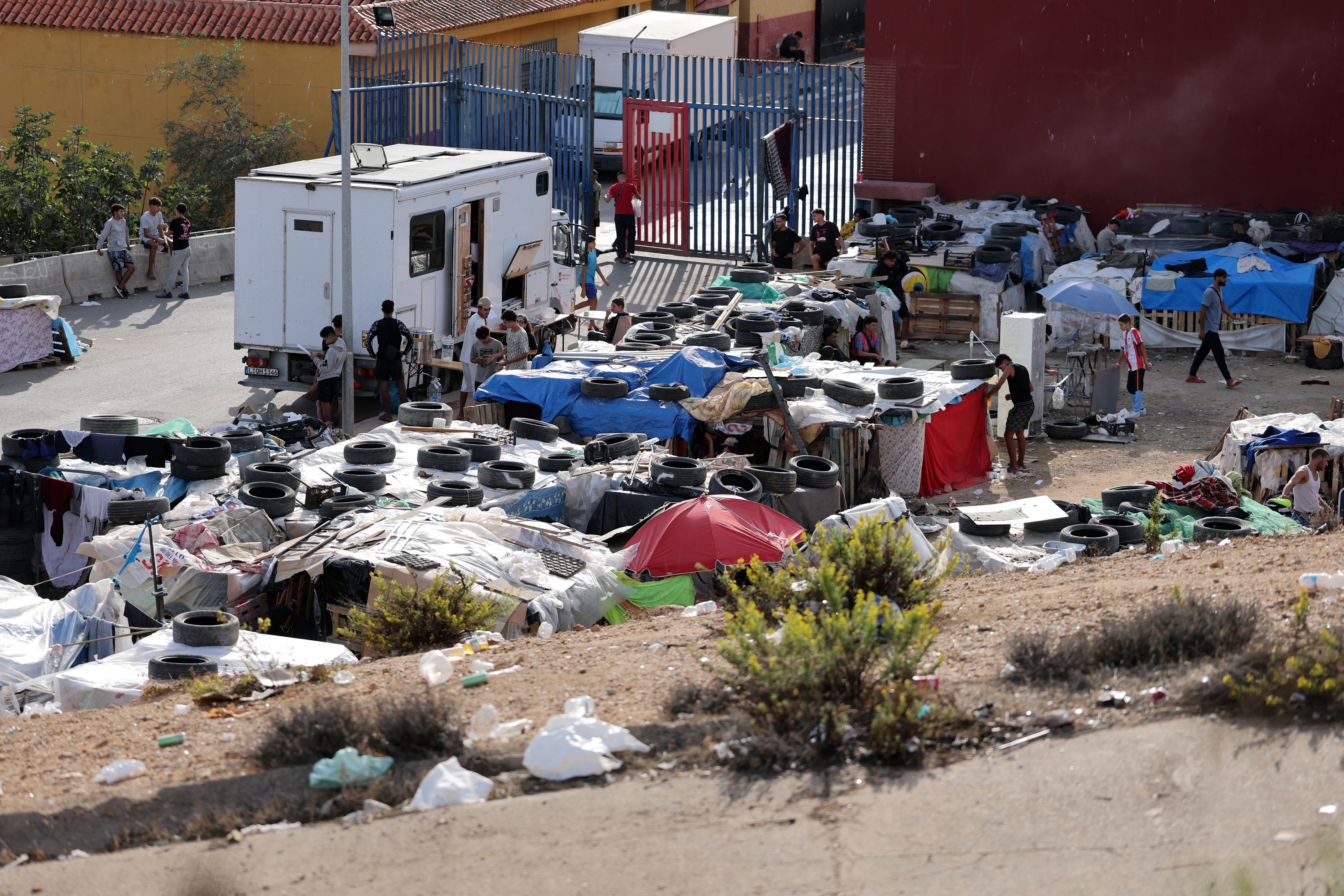 A makeshift camp sheltering migrants near the Spanish-Moroccan border is pictured in Spain's North African enclave of Ceuta.