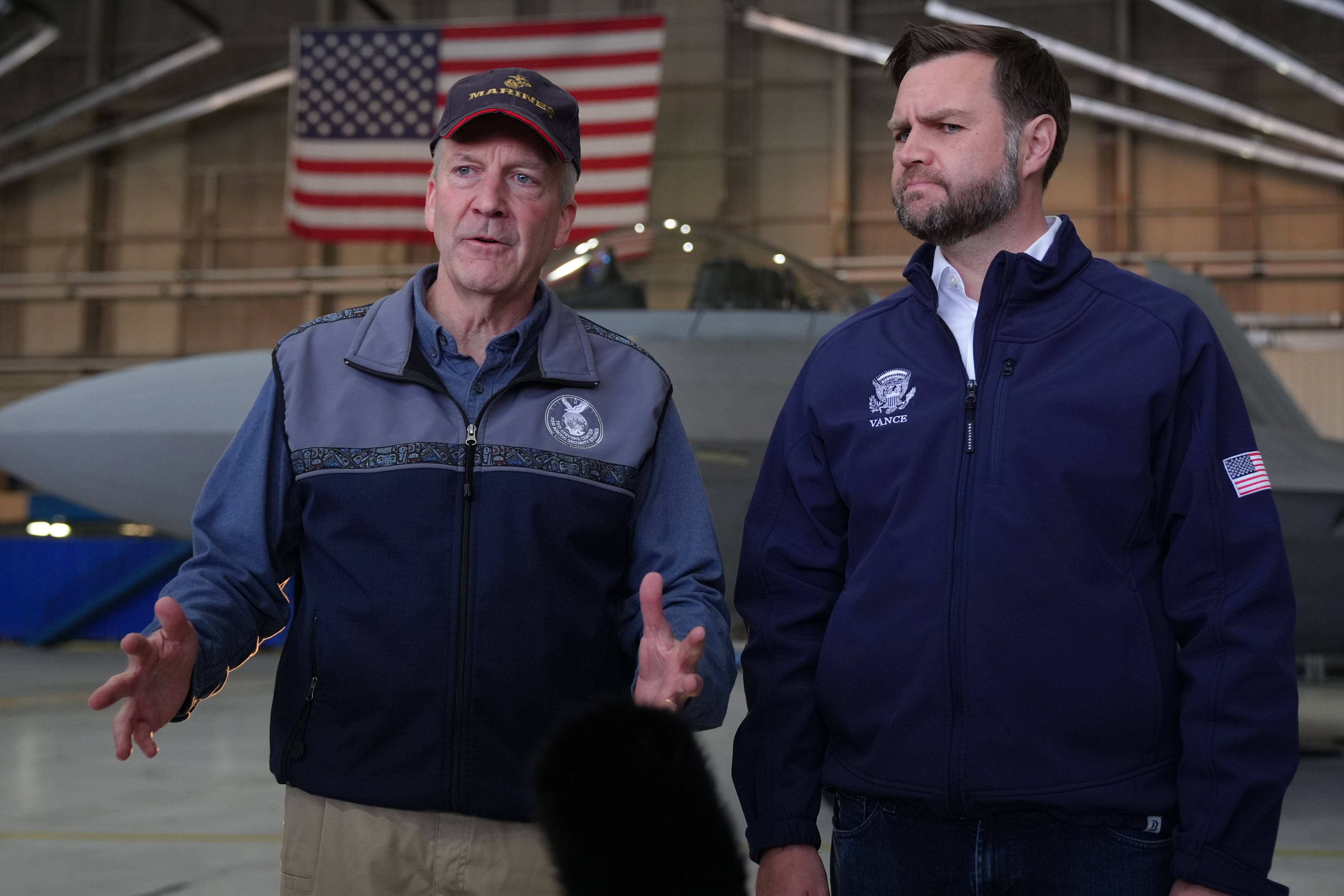 Vice President JD Vance and Sen. Dan Sullivan (R-AK) talk with members of the media at Elmendorf Air Force Base on October 6, 2026 in Anchorage