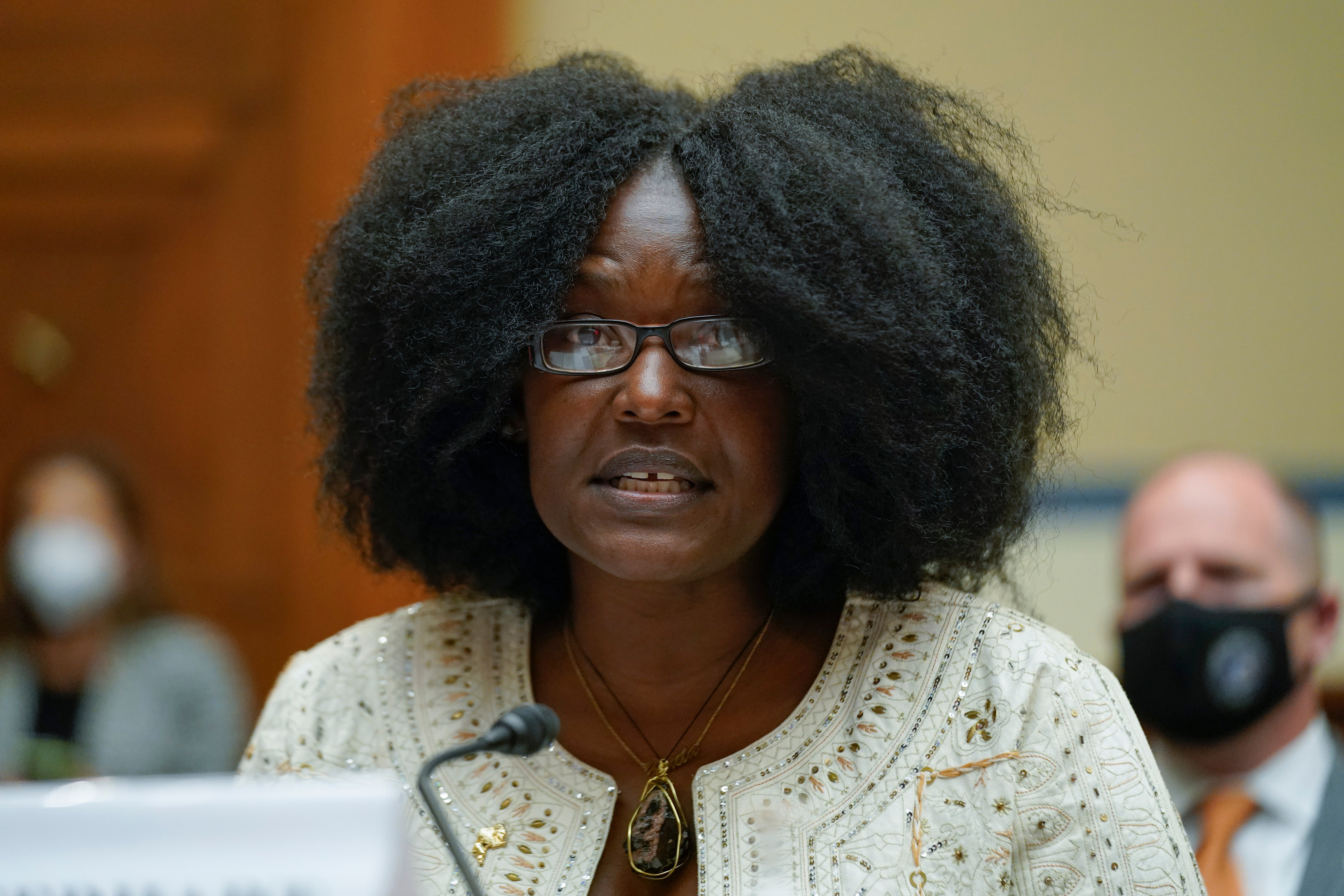 Zeneta Everhart, whose son Zaire Goodman was shot in the neck during the Buffalo Tops supermarket mass shooting and survived, testifies during a House Committee on Oversight and Reform hearing on gun violenc