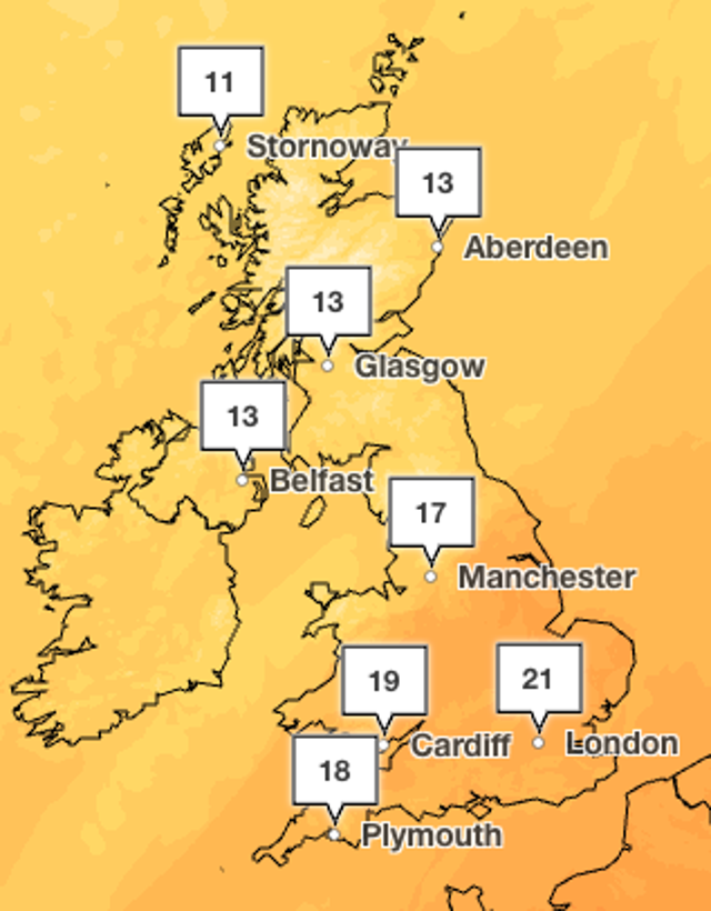 Temperatures set to hit 21C on Thursday in London