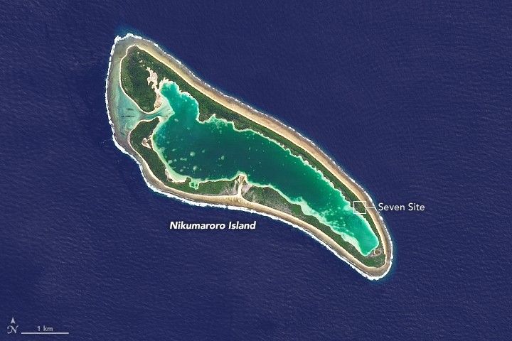The remote Nikumaroro island is home to one of the most famous patches of coral outside of the Great Barrier Reef. The Seven Site shown on its southeastern side has been a popular location for searches for Earhart’s plane