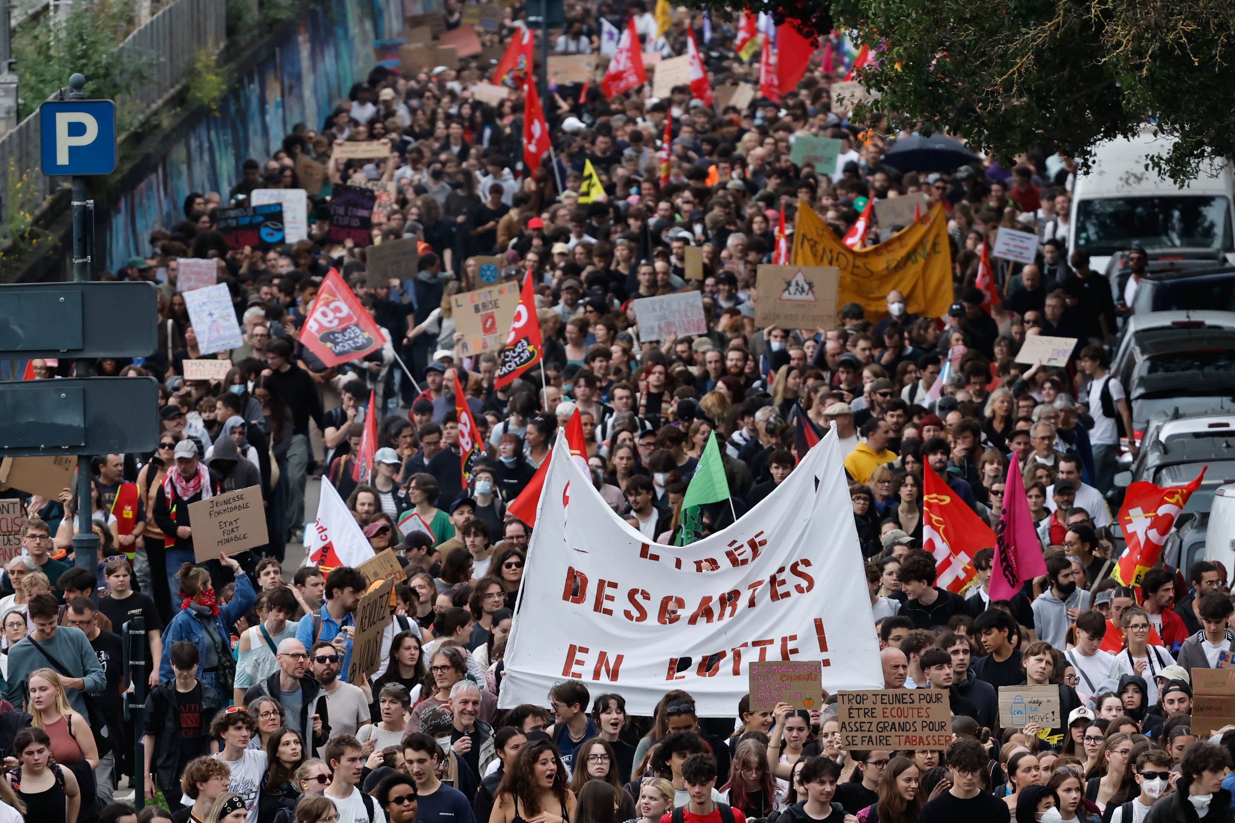 Students march to protest against under-resourced schools in Rennes, France, Tuesday, Oct. 13, 2026