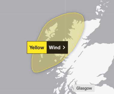 A yellow weather warning for wind is in place over Na h-Eileanan Siar and Highland in Scotland
