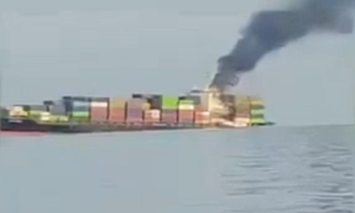 Screengrab of a video released by Iran claiming to show a sinking ship in the Strait of Hormuz