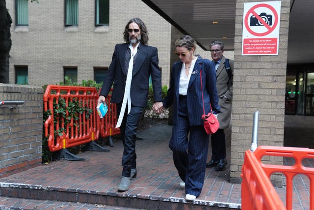 Russell Brand leaving Southwark Crown Court with his wife, Laura Gallacher