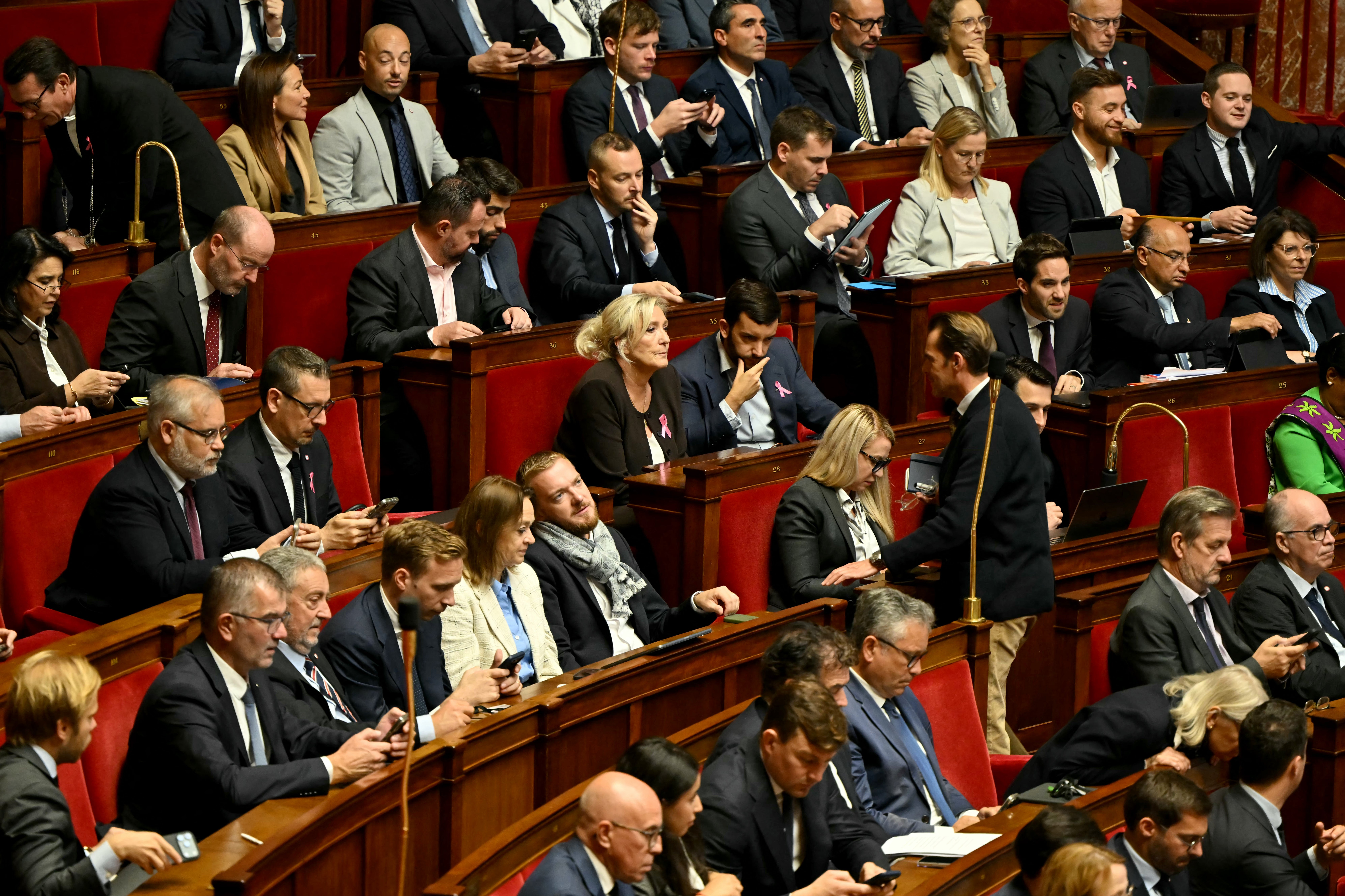 French far-right party Rassemblement National (RN) and allied party UDR's members of parliament, with group president Marine Le Pen sitting in the middle