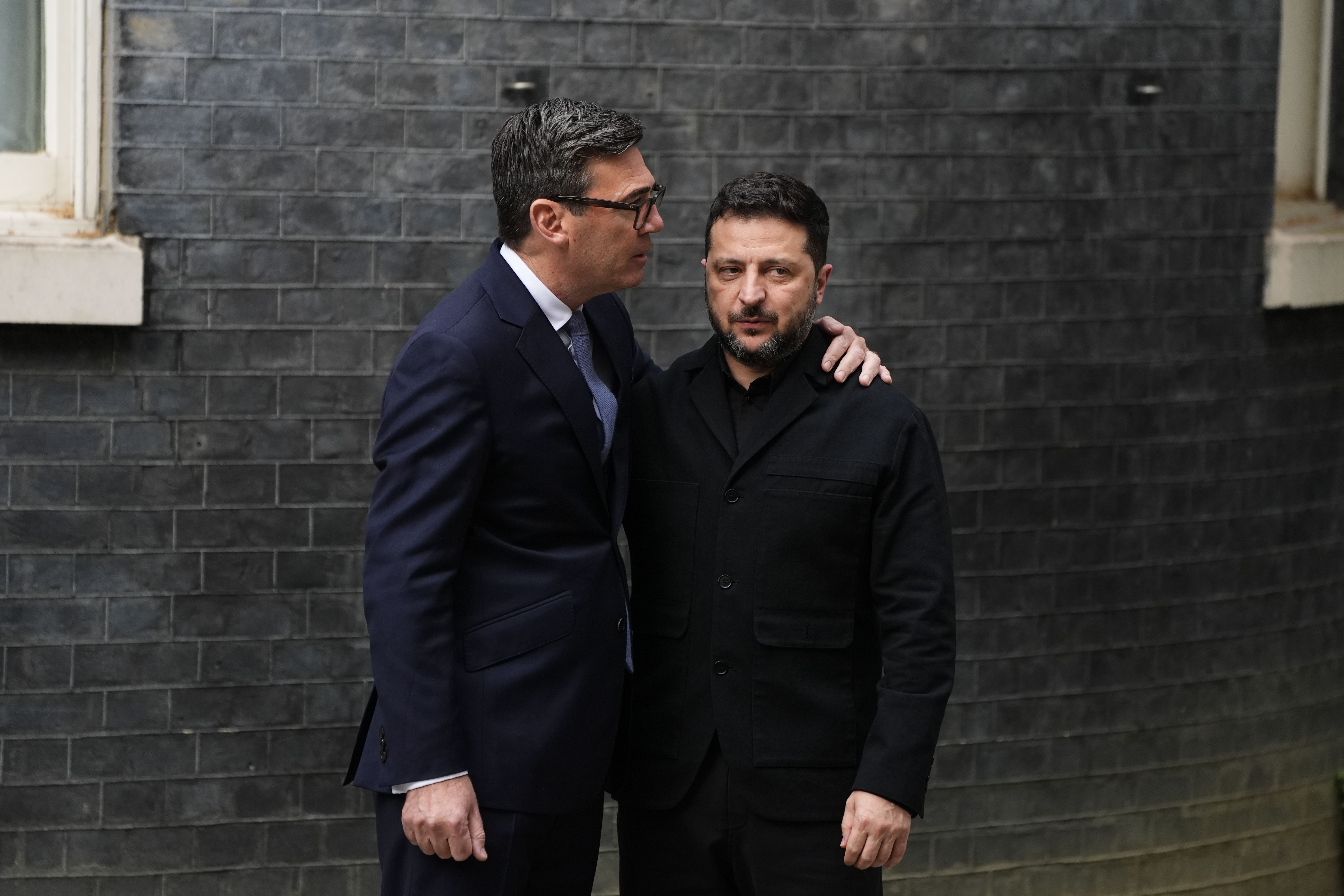 Prime Minister Andy Burnham welcomes President of Ukraine Volodymyr Zelensky outside 10 Downing Street on Wednesday