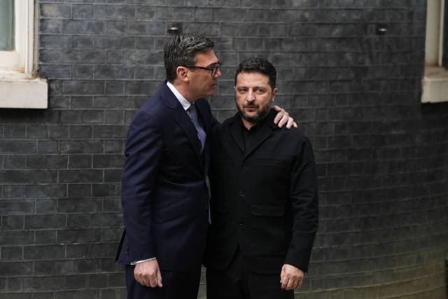 Prime Minister Andy Burnham welcomes President of Ukraine Volodymyr Zelensky outside 10 Downing Street on Wednesday