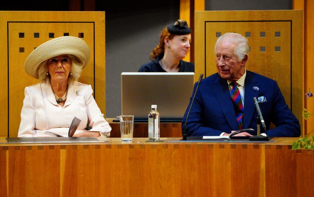 King Charles III and Queen Camilla during a visit to the Senedd in Cardiff to mark its 25th anniversary